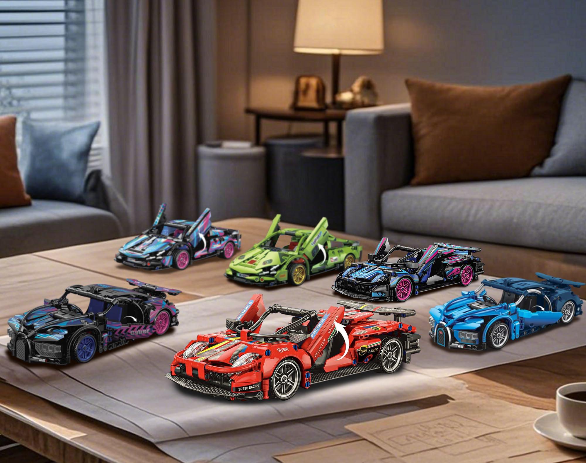 Sosuy Building-Block Race-Car Set, 1:18 Technical Model Kit 513 Pcs DIY Red Pull-Back Toy for Boy Girl Kid Age 6+ Year, Birthday Gift for Teen Adult Display, Speed Super Sports Cars Bricks Icons - Image 2