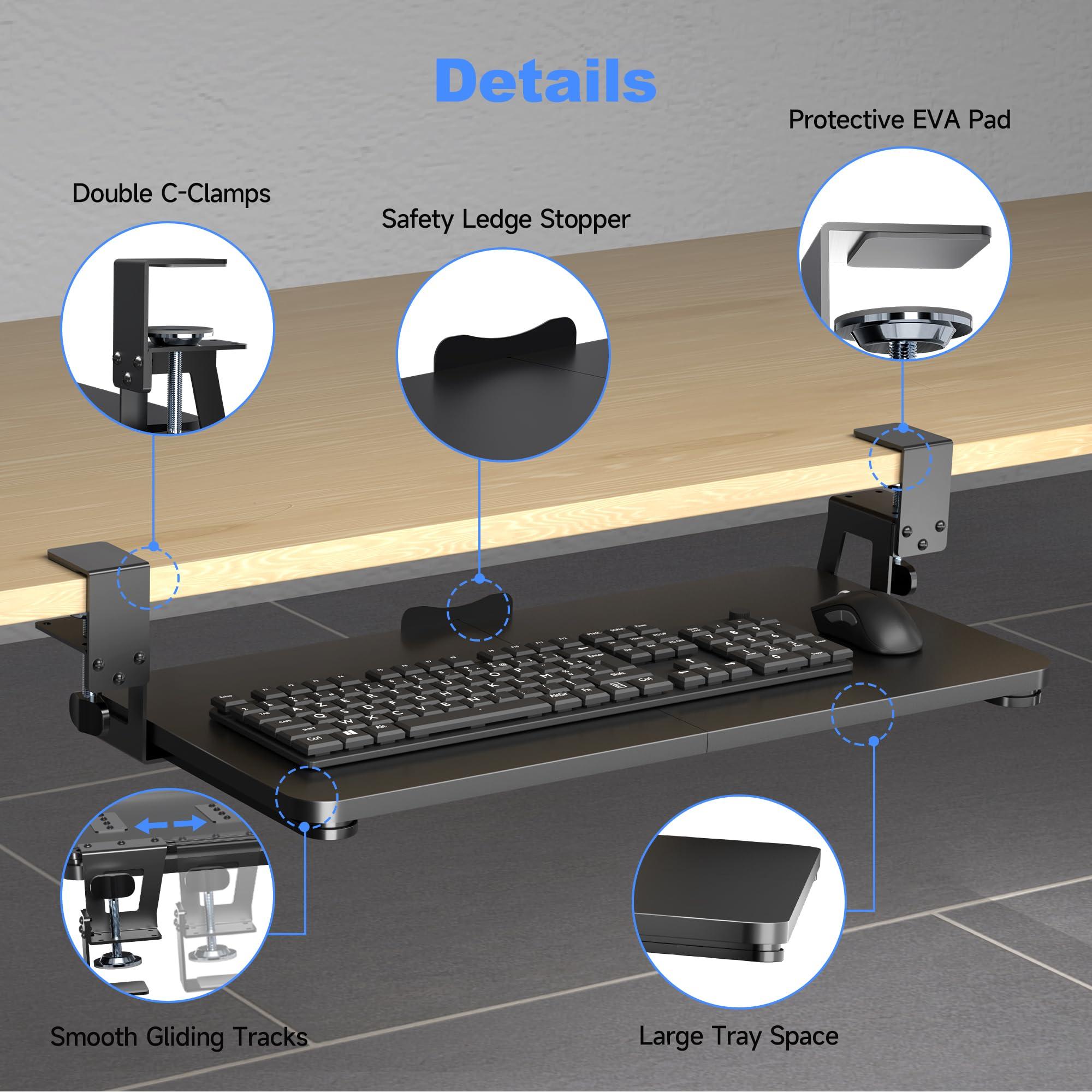 XINLEI Keyboard Tray Under Desk Large C-Clamp 25.6” (30” Including Clamps) x 11.8” Slide-Out Platform Computer Drawer Pull Out Keyboard & Mouse Tray Black DSF4 - Image 5