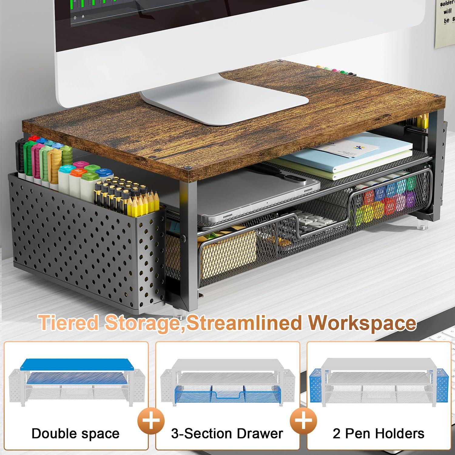 gianotter Monitor Stand Riser, Office Desk Shelf Organizer, Desk Organizer with Drawer and Pen Holder, 2-Tier Computer Stand, Office Organization (Wood) - Image 5