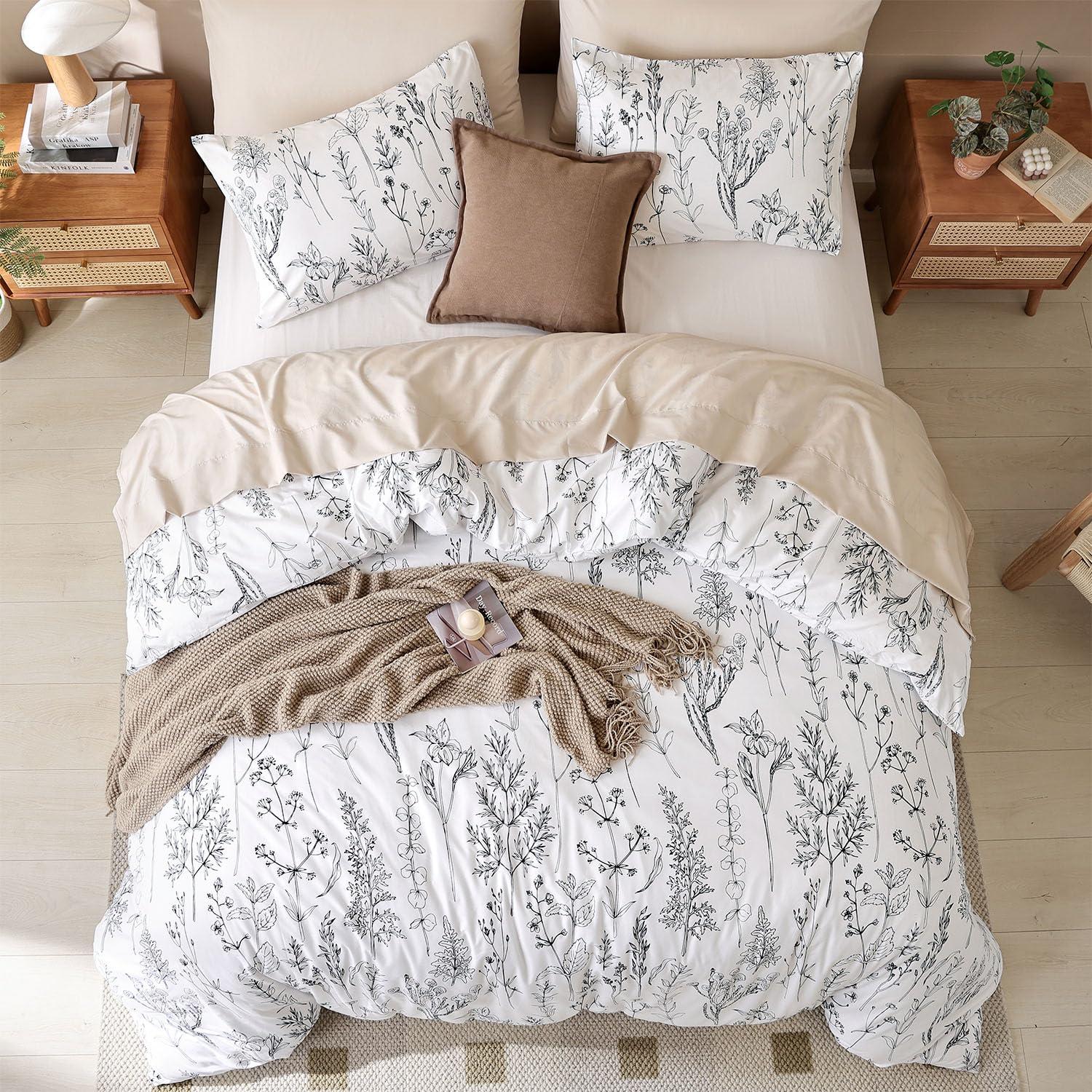JANZAA Queen Comforter Set White Comforter Floral Bedding Sets 3 Pieces Flowers Bed Comforter 1 Soft Reversible Cute Botanical with 2 Pillow Shams - Image 8