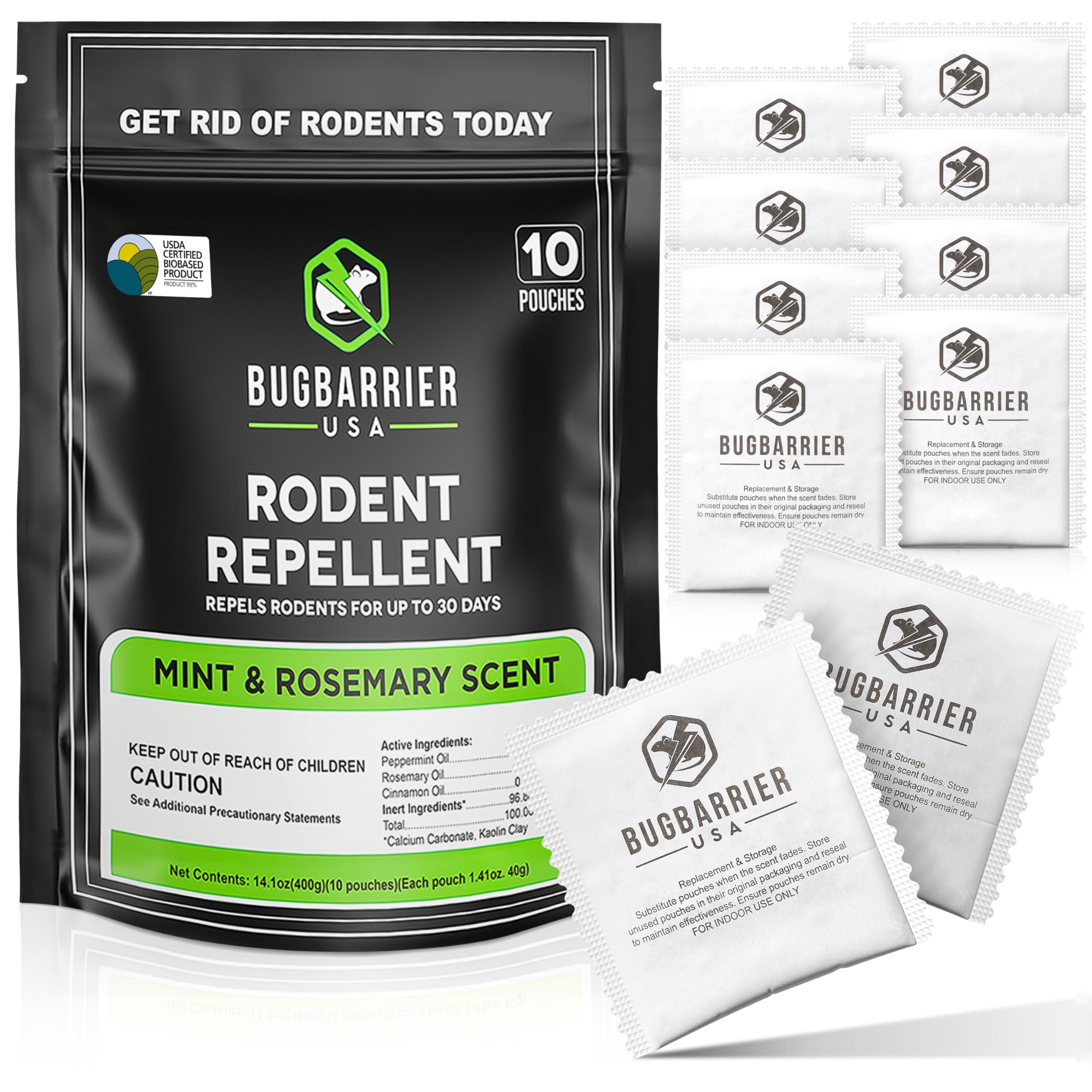 BugBarrier's Extra-Strength Mouse Repellent Deterrent Pouches, USDA 99% Biobased, Peppermint & Rosemary Oils Repel Mice Nesting in Car, RV, Boat, Garage, Shed, Cabin Made in The USA (Pack of 10)