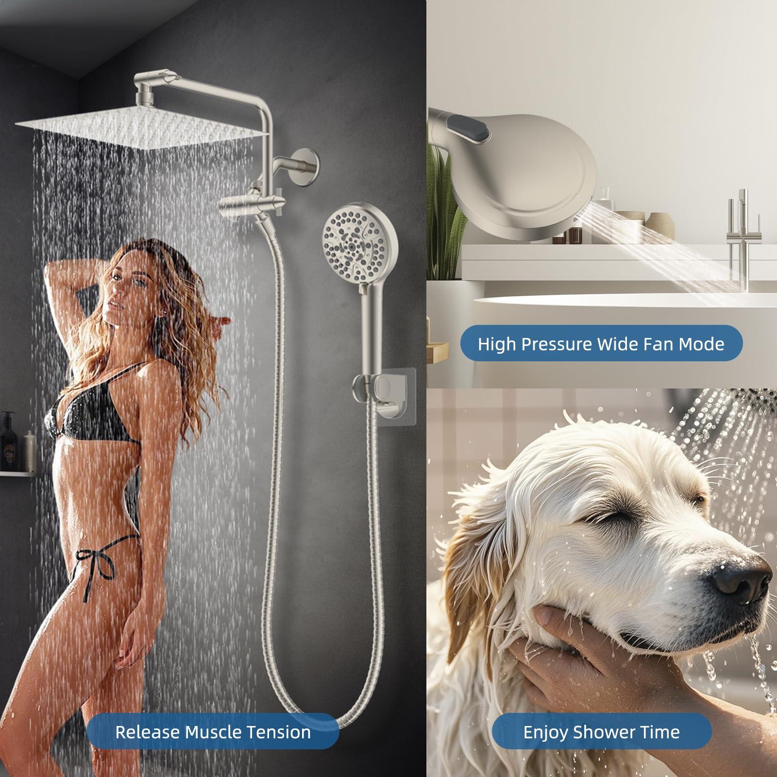 Hygie Rinse 12" All Metal Shower Head, High Pressure 10-Spray Handheld Showerhead Rainfall Shower Head Combo with 11" Adjustable Shower Extension Arm, 71" Hose, Shower Head Holder, Brushed Nickel - Image 8