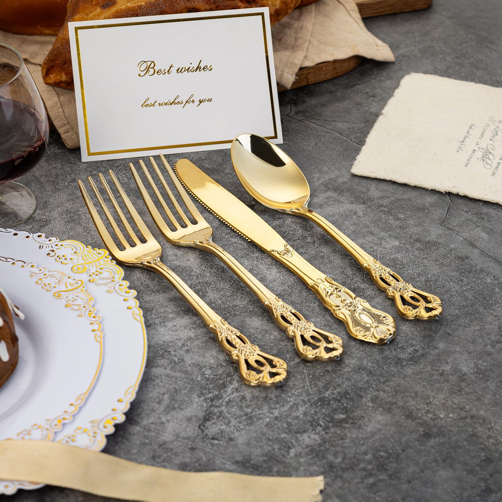 Joyido 90 Pieces Gold Plastic Silverware - Heavy Duty Gold Disposable Utensils - Fancy Plastic Cutlery Set Includes 30 Forks, 30 Spoons, 30 Knives for Dinner Parties Weddings - Image 7