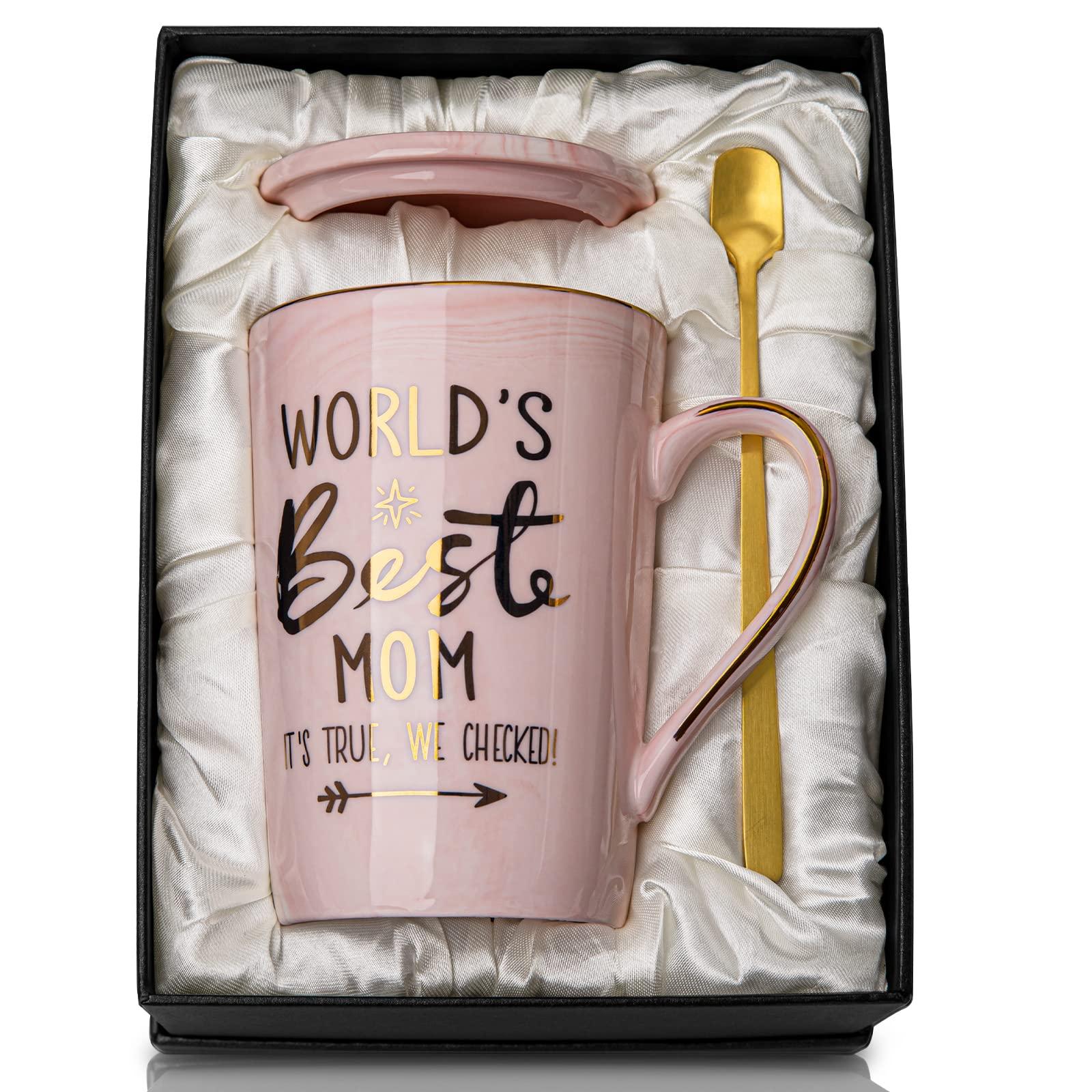 Birthday Gifts for Mom from Daughter Son - 14Oz Funny Best Mom Mug with Gold Print, Unique Pink Marble Coffee Cup with Lid Spoon Greeting Card, New Moms Mothers Day Gift Ideas, Luxury Gift-Boxed Set