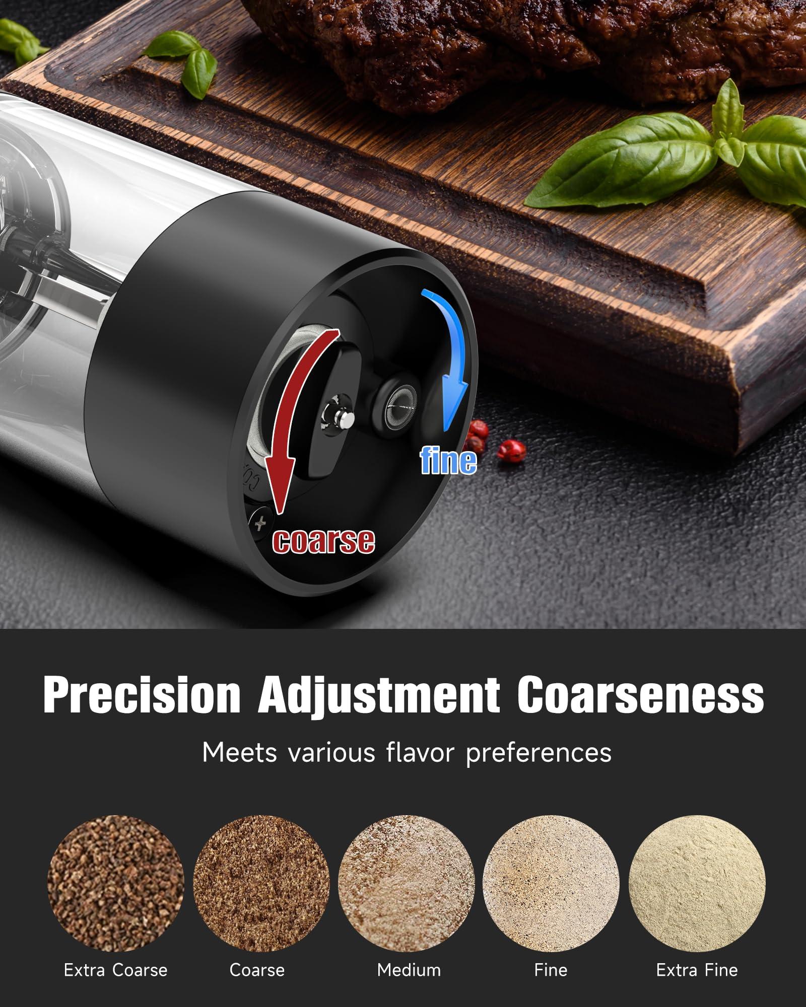Rechargeable Salt and Pepper Grinder Set, Upgraded Larger Capacity Electric Salt and Pepper Grinder Set with USB Charging Base & White LED Light, 5-Level Adjustable, One-handed Operation, 2 pack - Image 5