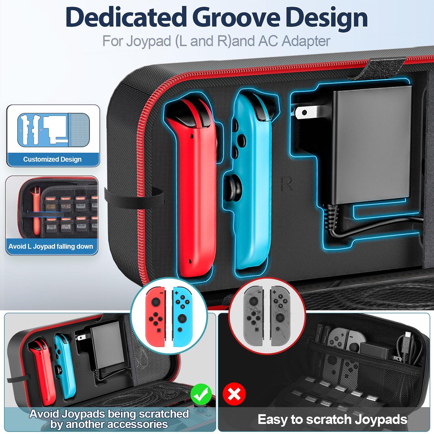 Switch OLED Carrying Case Compatible with Nintendo Switch & Switch OLED, Portable Switch Travel Carry Case Fit for Joy-Con and Adapter, Hard Shell Protective Switch Pouch Case with 20 Games, Red - Image 3