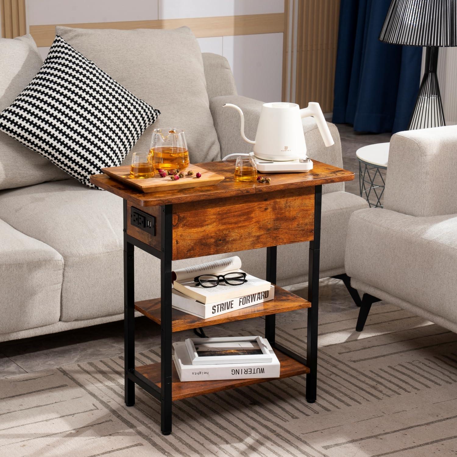 Yoobure End Table with Charging Station, Flip Top Side Table with USB Ports and Outlets, Sofa Couch Table Bedside Table for Living Room Bedroom, Narrow Nightstand with Storage Shelves for Small Space - Image 9