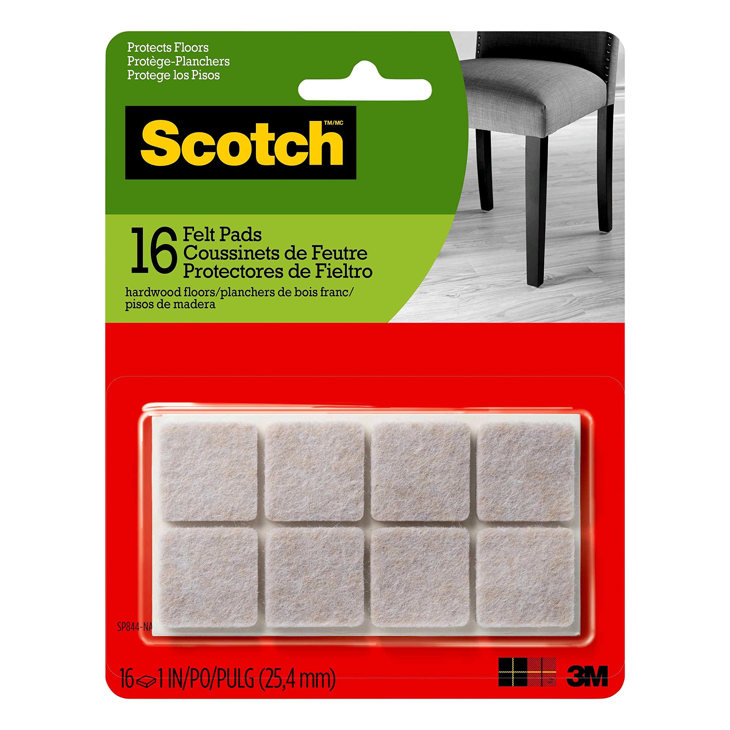 Scotch Felt Pads 16 PCS Beige, Felt Furniture Pads for Protecting Hardwood Floors, 1 x 1 in. Square, Easy-to-Apply, Self-Stick Design, Reliable Protection from Nicks, dents and Scratches (SP802-NA)