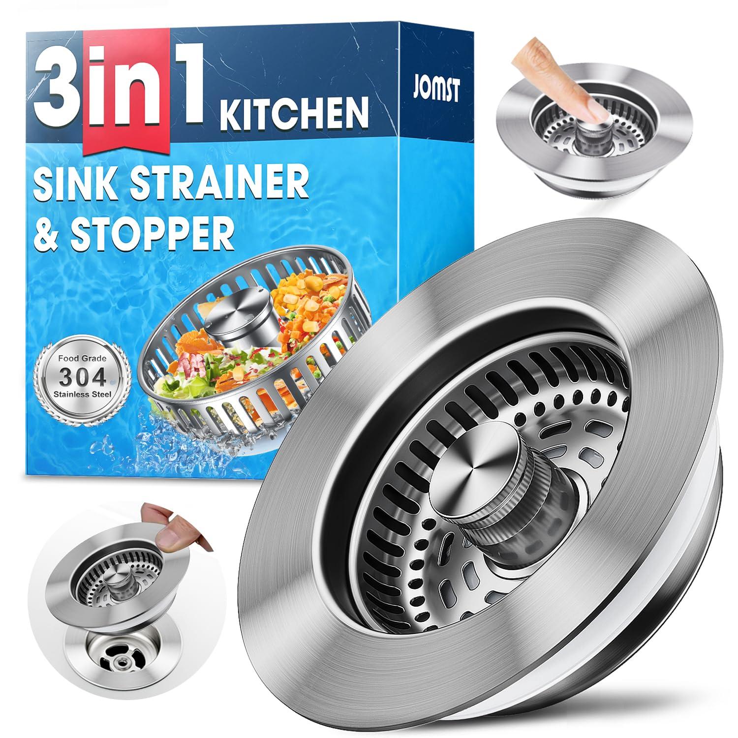 3 in 1 Kitchen Sink Drain Strainer, JOMST Sink Stopper 10,000 Pop-Up Tested Stainless Steel Sink Plug, Fast Drain Deodorizer Anti-Clog, Strainer for Kitchen Standard 3-1/2 Inch Sink Drain Strainer