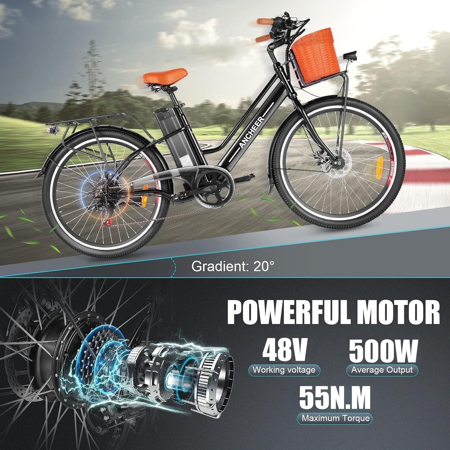 ANCHEER 26'' Electric Bike for Adults, Peak 750W Low Frame Electric City Bike with 48V/374Wh Battery, Up to 50Miles Step Through Commuter Ebike/Electric Bicycle with Basket, LCD Display - Image 3