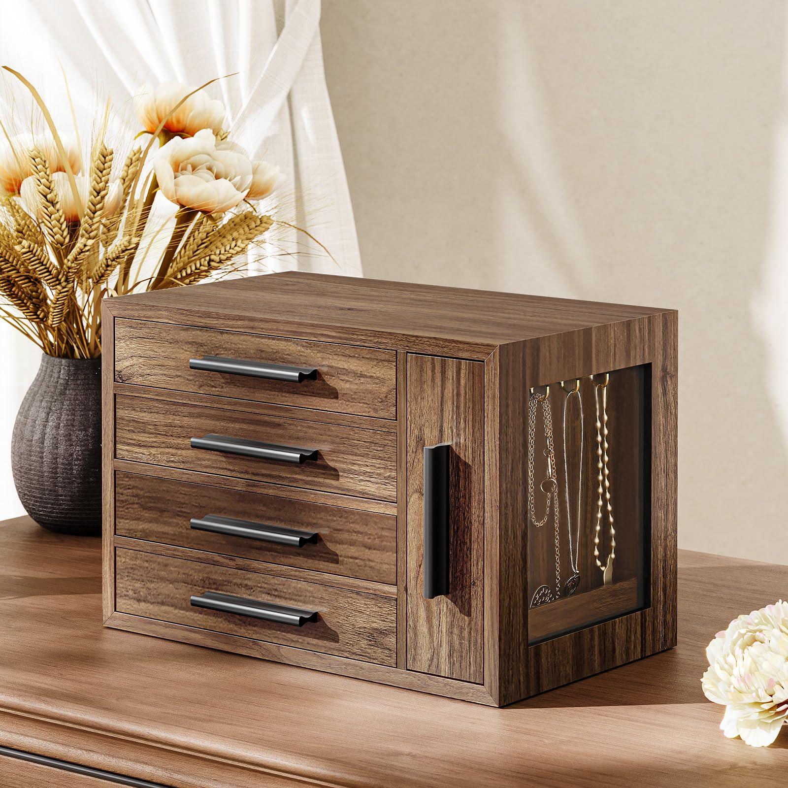 HOOBRO Jewelry Box for Women, Wooden Jewelry Organizer with Transparent Window, 4-Layer Jewelry Organizer Box, Jewelry Holder Organizer for Earrings, Necklaces, Rings, Walnut and Black BH09JB04 - Image 4