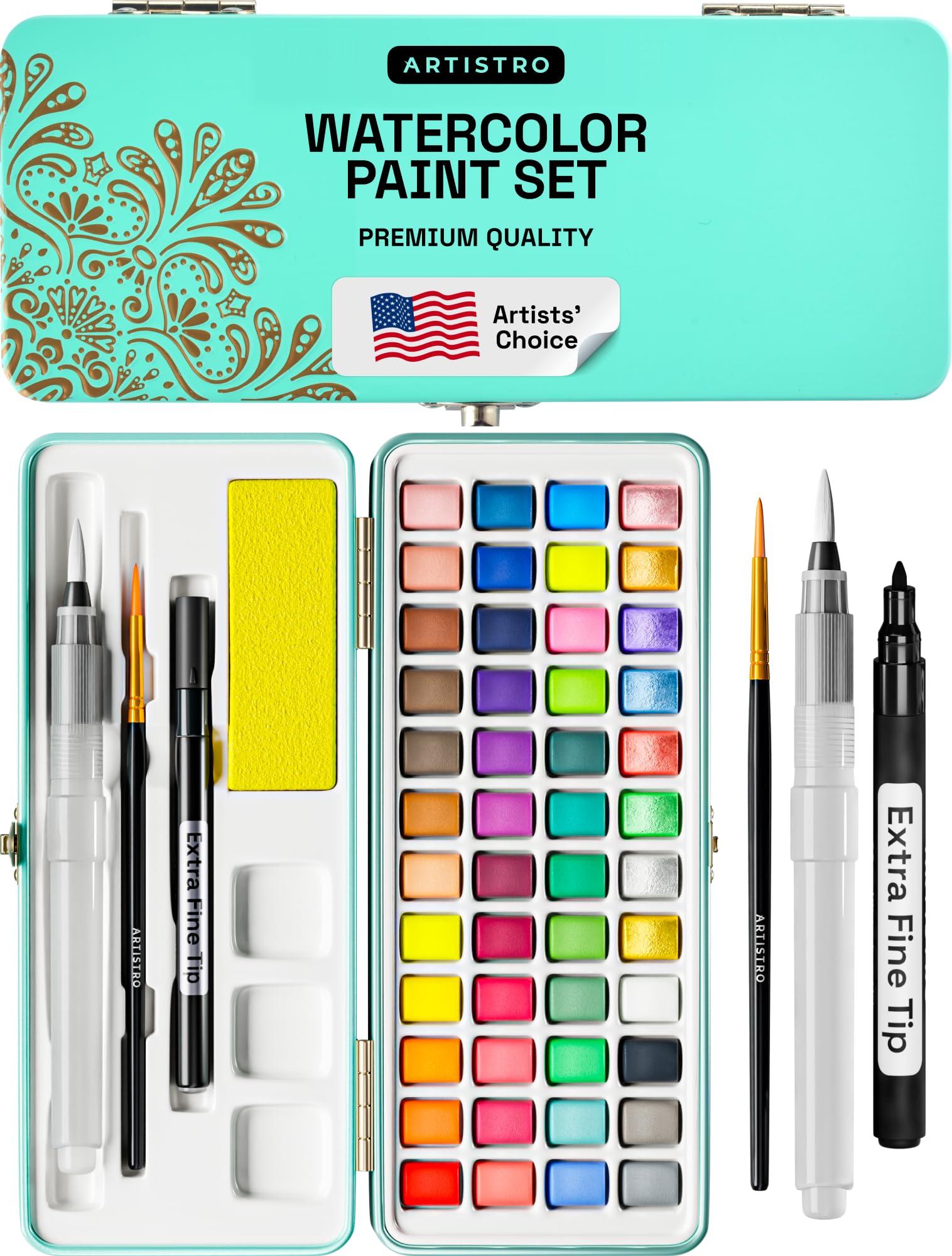 ARTISTRO Watercolor Paint Set, Vivid Colors in Portable Box, Palette set, Including Metallic and Fluorescent Colors. Perfect Travel Watercolor Set for Artists, Amateur Hobbyists and Painting
