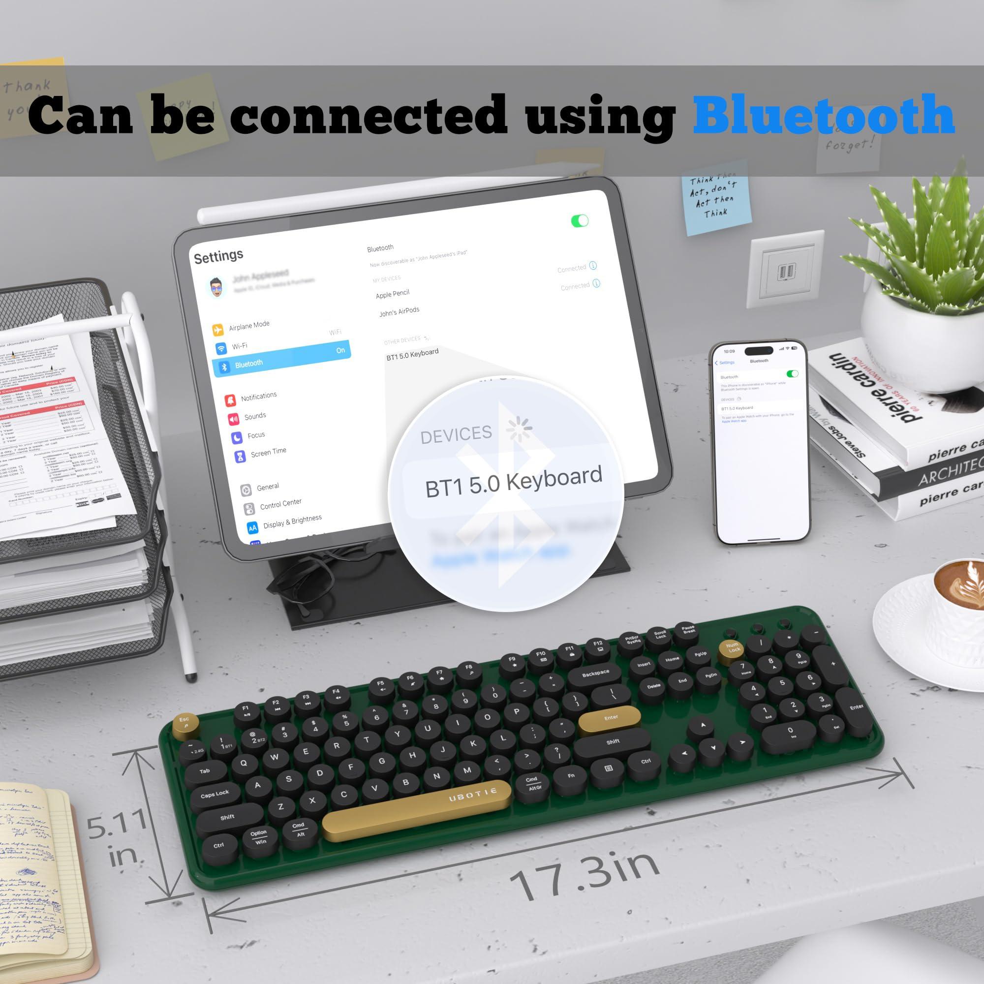 UBOTIE Dual Mode Colorful Wireless Keyboard, Bluetooth and USB Receiver Retro Typewriter Round Keycaps Keyboard Support Multi Devices for PC Laptop Tablet Phones(Dark-Green) - Image 6
