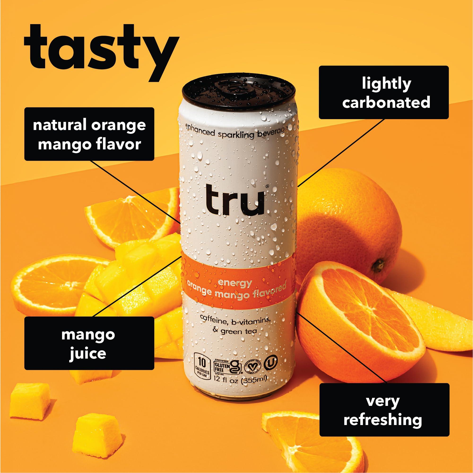Tru Energy Seltzer, Sparkling Water with Natural Caffeine, Orange Mango Juice, Green Tea Extract & B Vitamins, Lightly Carbonated Energy Drink, Gluten Free, Vegan, Low Calorie, 12 FL OZ Cans, 12 Pack - Image 4
