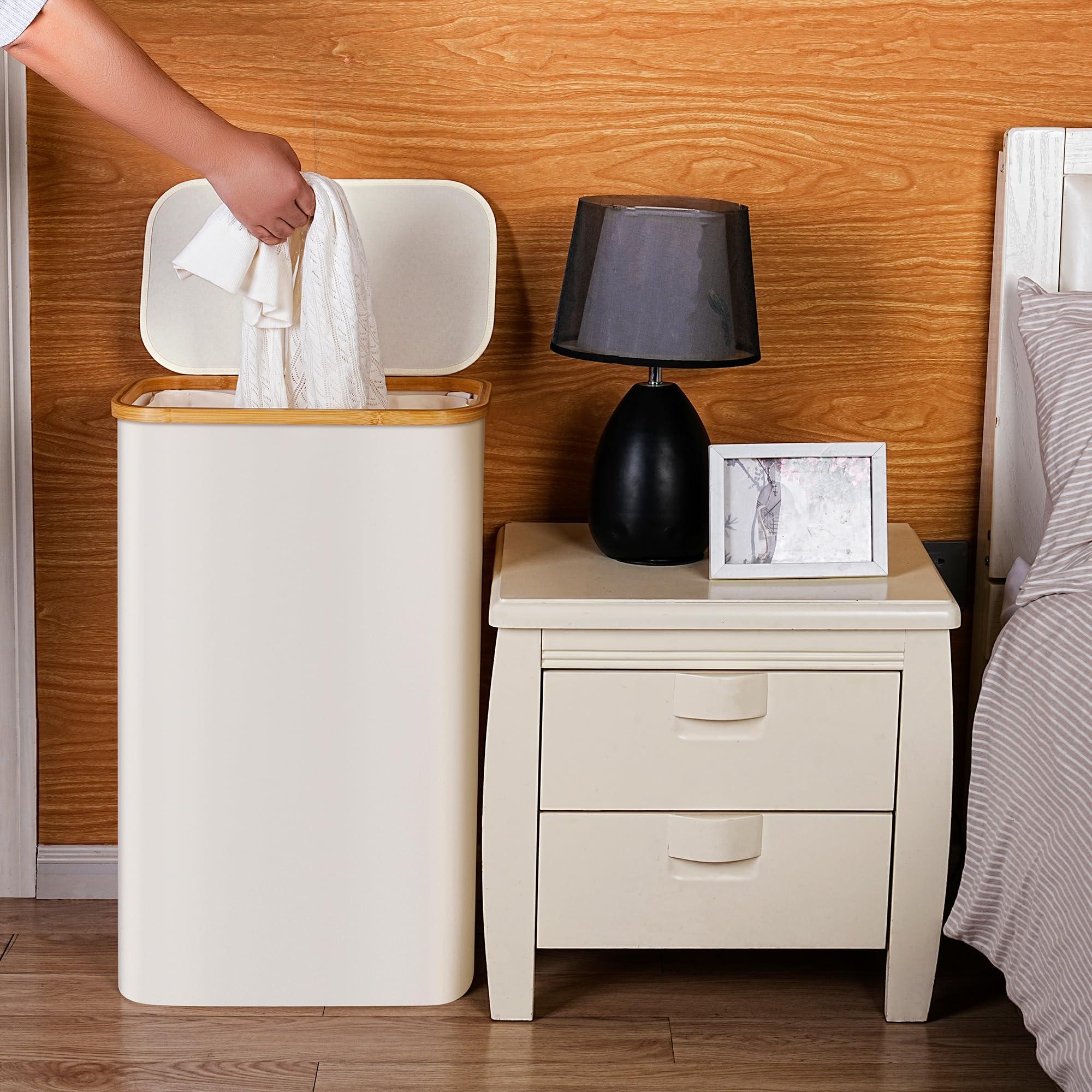 efluky Slim Laundry Basket with Lid, Narrow Laundry Hamper with Removable Bag, Skinny Dirty Clothes Basket with Bamboo Handles for Bathroom, Bedroom & Laundry Room, 75L Beige - Image 4