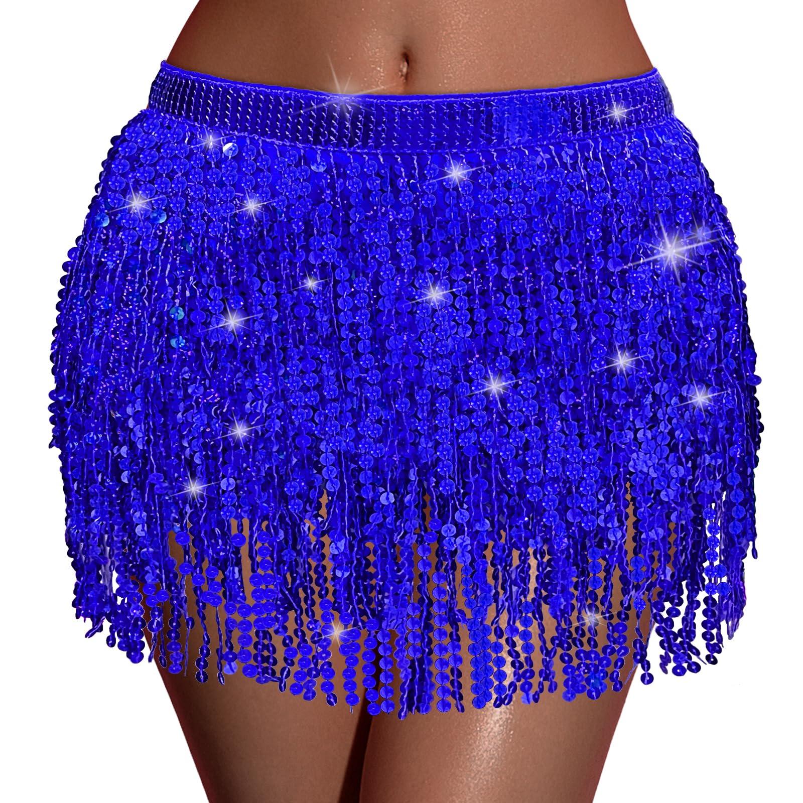 Women's Sequin Fringe Skirt Belly Dance Skirt Tassel Hip Scarf Multilayer for Halloween Party Festival Costume