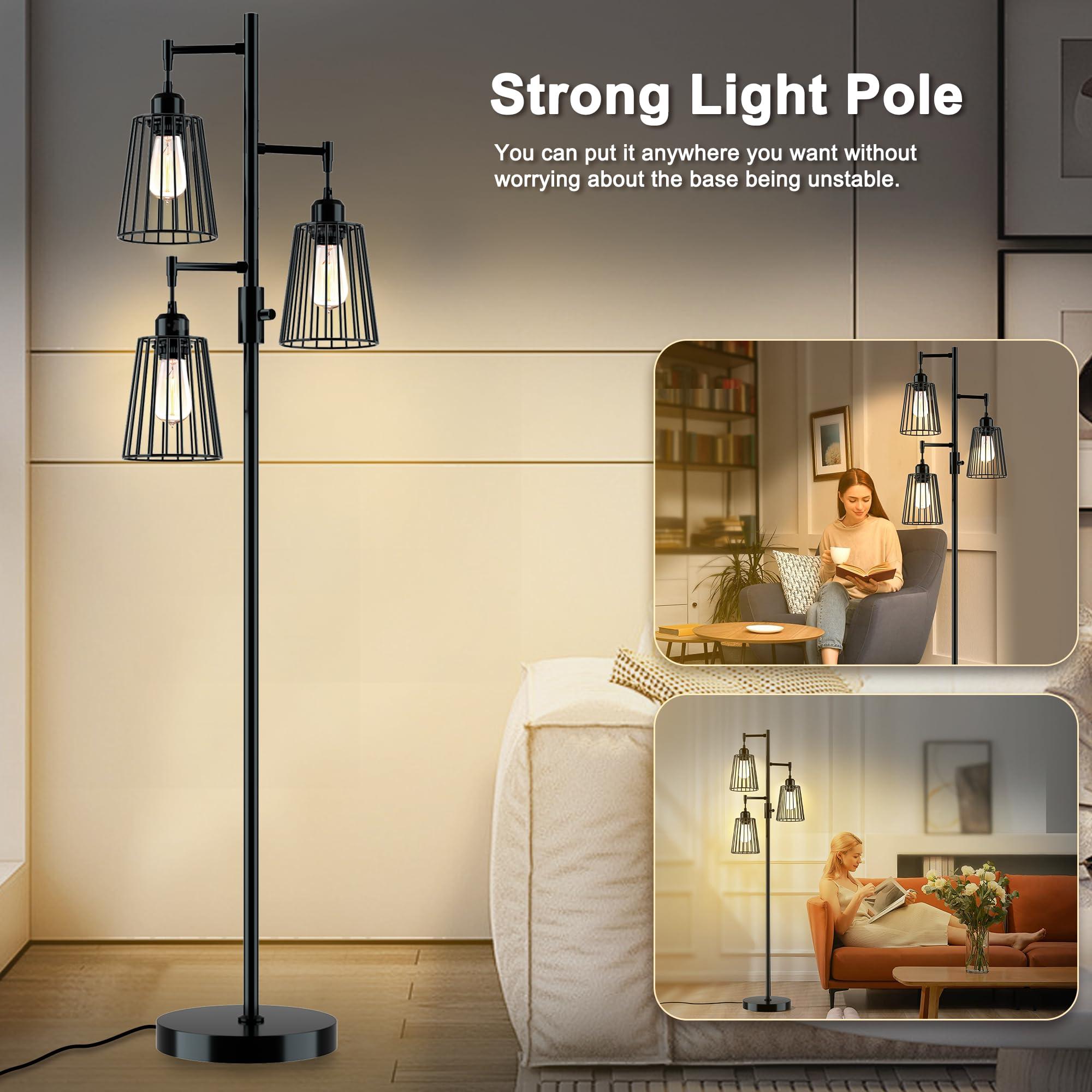 COFF Industrial Floor Lamp, 3 x 1200LM Edison LED Bulbs Included, Bright 3-Light Dimmable Floor Lamp, Farmhouse Tall Standing Lamp for Living Room, Bedroom Office Rustic Home Decor (Matte Black) - Image 2