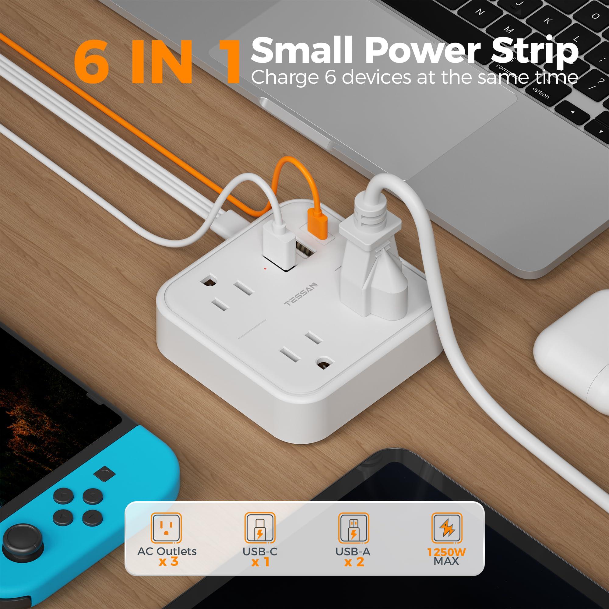 Extension Cord with Multiple Outlets 5 FT, TESSAN Small Flat Plug Power Strip with 3 USB (1 USB C) and 3 AC, Surge Protector Charging Station for Office, School, Dorm Room Essentials, White - Image 2