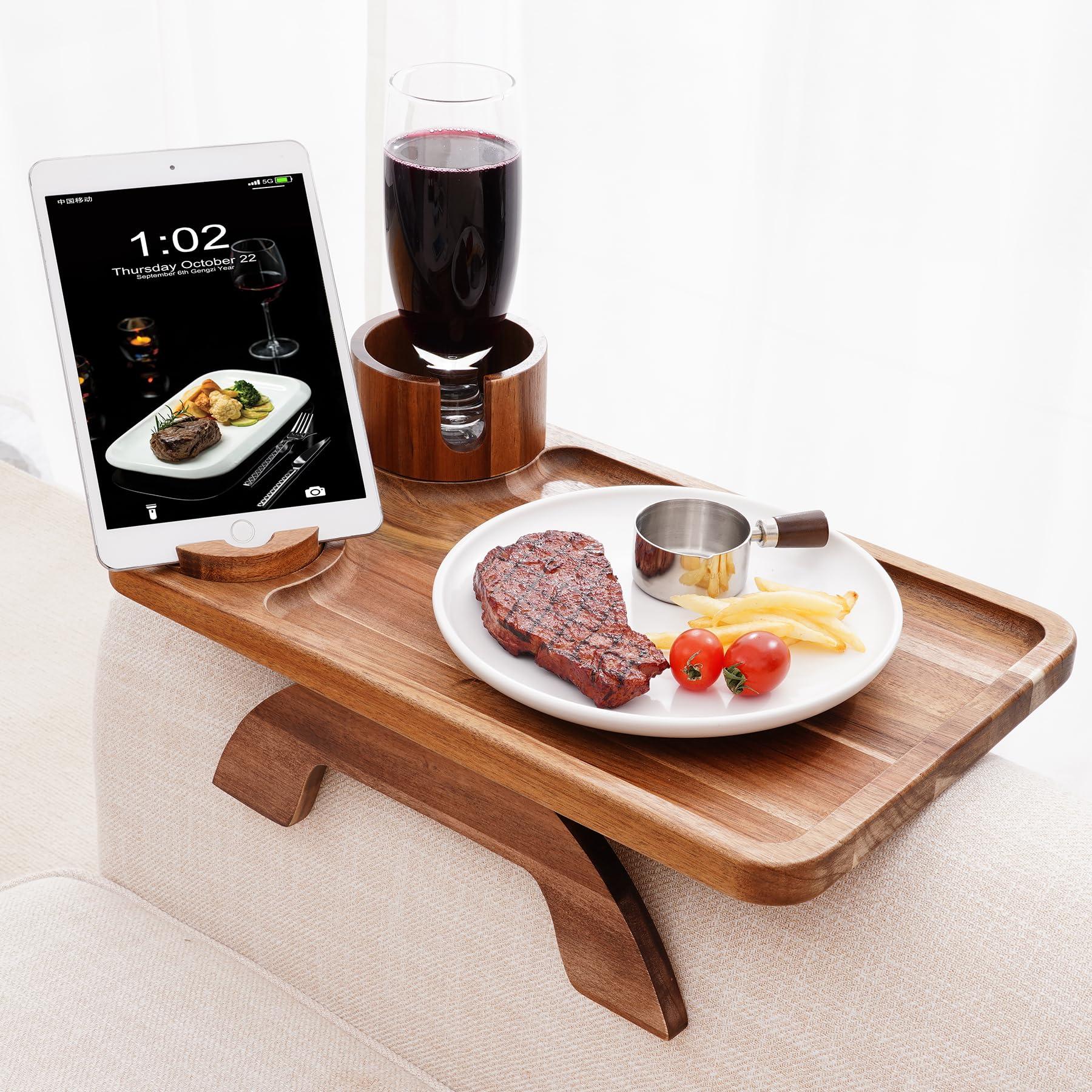 Nnewvante Couch Cup Holder Tray, 3 in 1 Large 15.36"x9.85" Acacia Wood Sofa Arm Clip on Tray Table with 360°Rotated Phone Holder on Armrest - Image 2