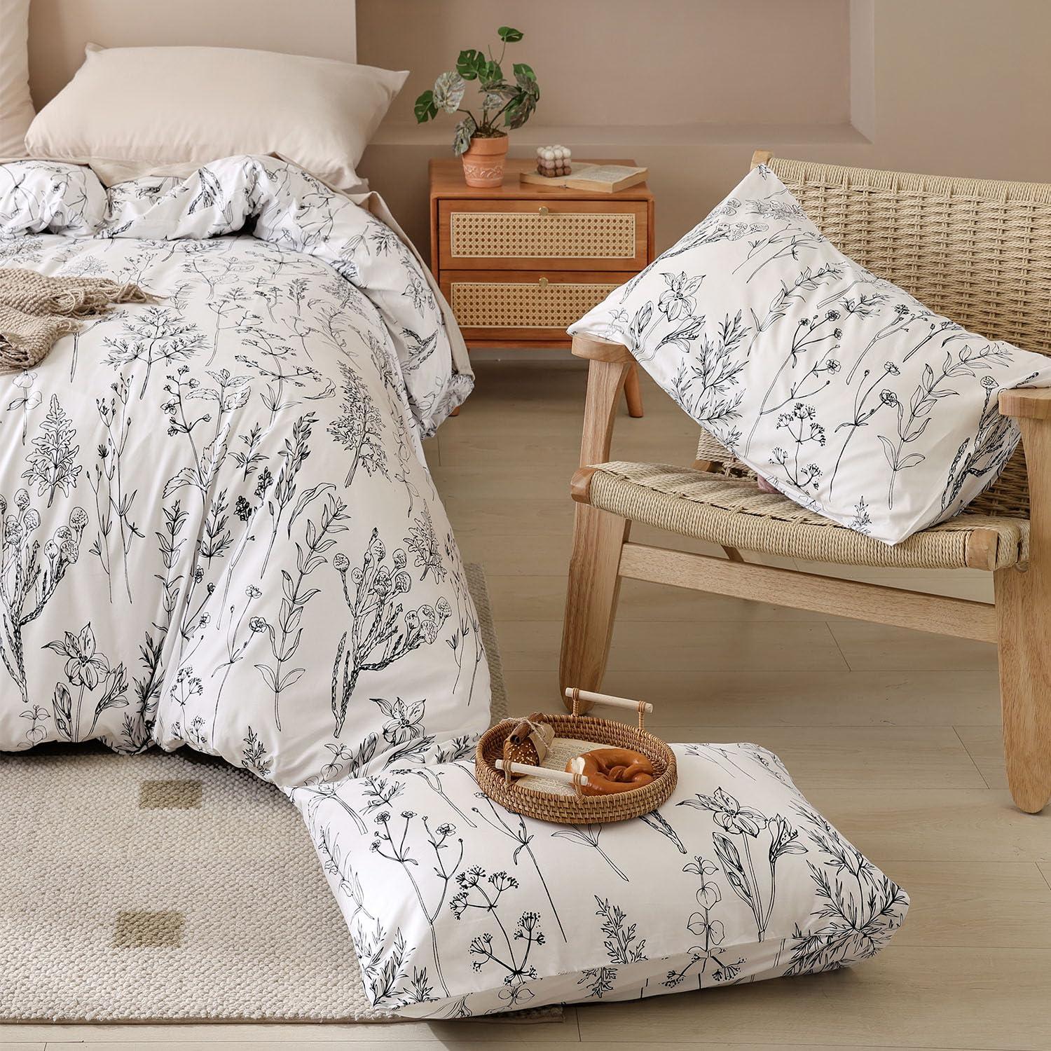 JANZAA Queen Comforter Set White Comforter Floral Bedding Sets 3 Pieces Flowers Bed Comforter 1 Soft Reversible Cute Botanical with 2 Pillow Shams - Image 6