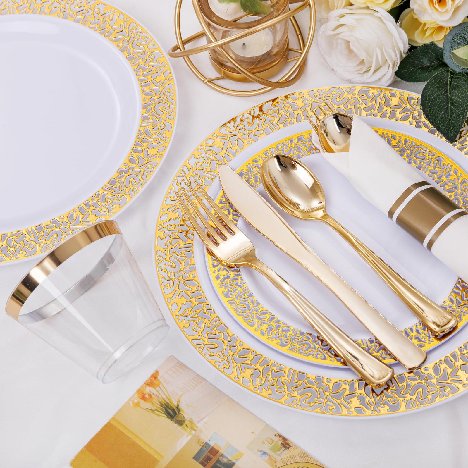 WELLIFE 175Pcs Gold Dinnerware Sets, Include:25 Dinner Plates, 25 Dessert Plates, 25 Paper Napkins, 25 Cups, 25 Plastic Cutlery Set - Image 5