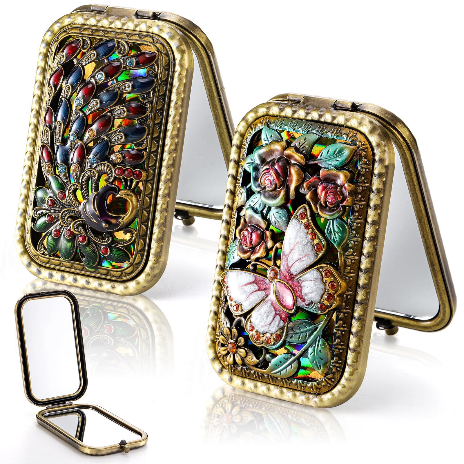 Eorbow 2 Pcs Vintage Foldable Makeup Mirror, Portable Cosmetic Pocket Mirror, Double Sided Butterfly Peacock Vanity Mirror, Metal Compact Small Folding Travel Mirror for Woman Girls - Image 1