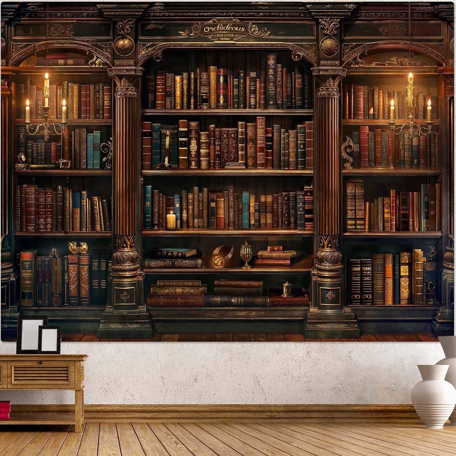 Accnicc Vintage Bookshelf Tapestry Medieval Art Book Tapestries Wall Hanging Gothic Dark Academia Retro Library Backdrop Tapestry for Bedroom Living Room Dorm Study Classroom 60 × 44 inch
