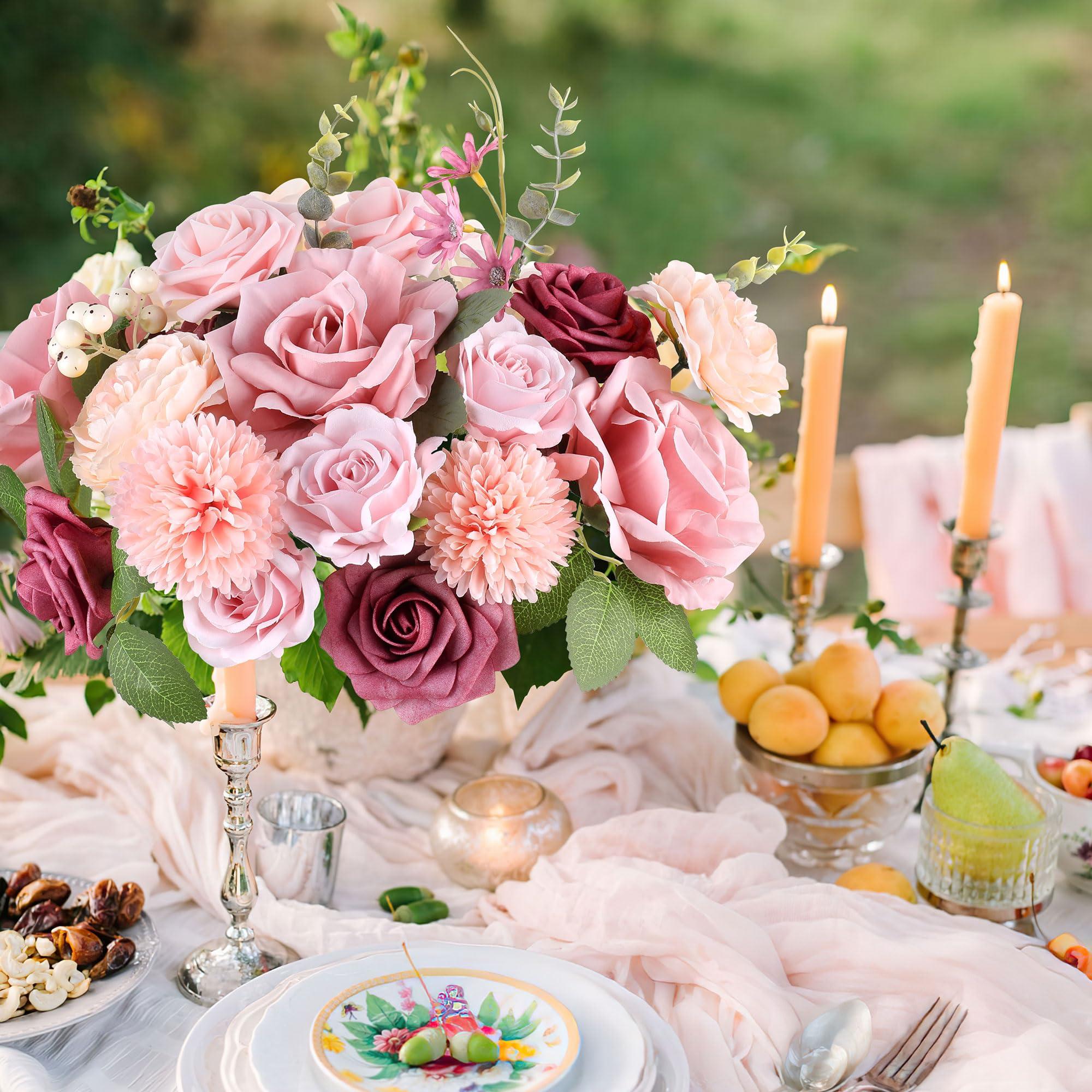 AGIRL Rose Artificial Flowers Combo Fake Flowers Pink Roses Silk Flowers with Stems for DIY Bridal Wedding Bouquets Centerpieces Arrangements Table Party Baby Shower Home Decor (Champagne Pink) - Image 7
