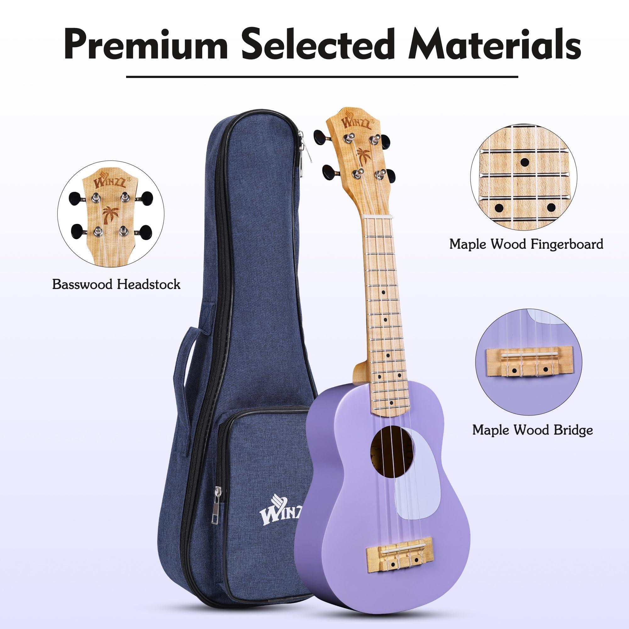 WINZZ Soprano Ukulele for Beginners, 21 Inch Hawaiian Wood Ukelele Kit for Kids Adult Student Starter, Professional Uke Pack Bundle w/Free Lessons, Case, Pickguard, Capo, Strap, Picks, Purple - Image 4