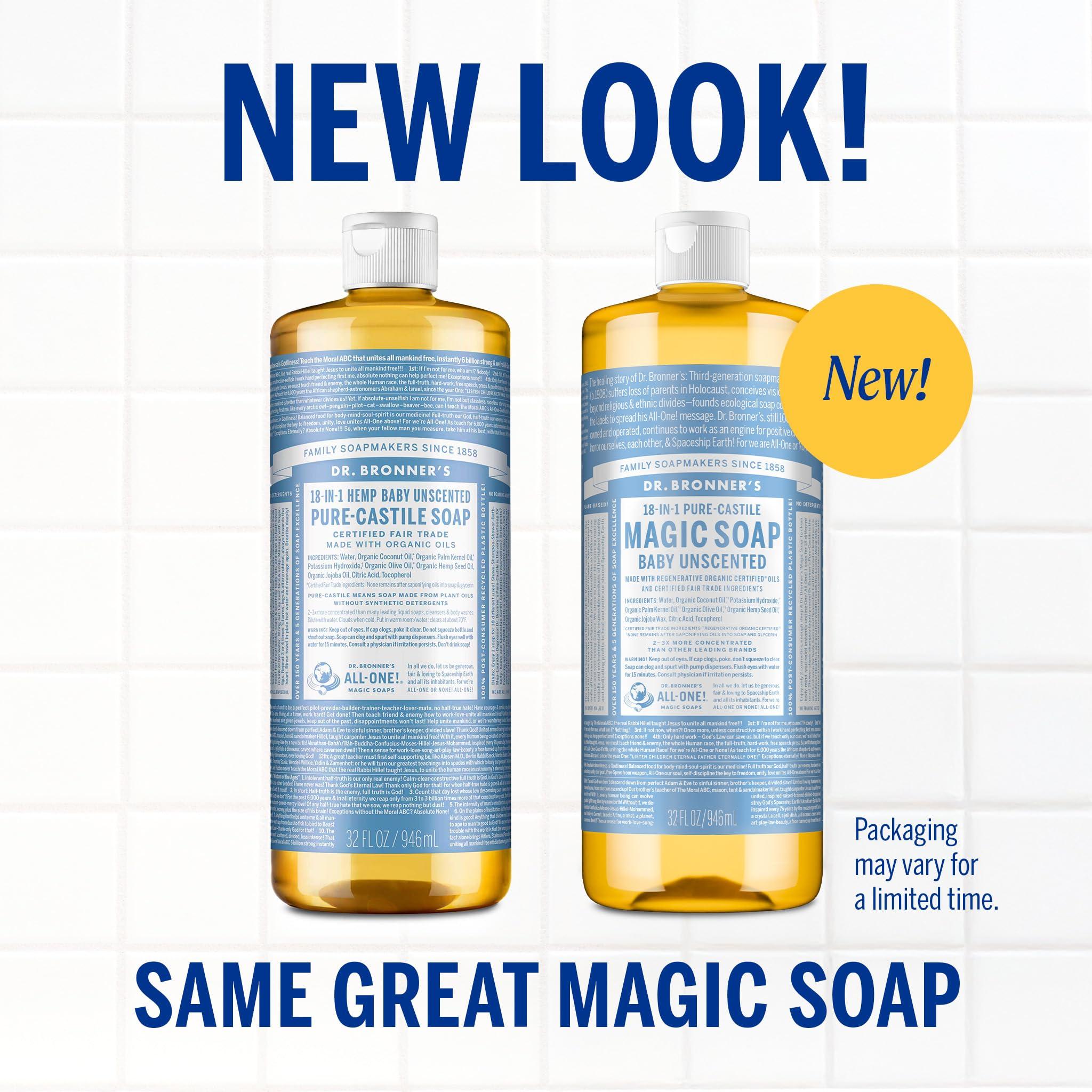 Dr. Bronner's Pure-Castile Magic Liquid Soap - Made with Regenerative Organic Certified Oils - 18-in-1 Uses for Face, Body, Hand Gentle on Baby & Sensitive Skin Body Wash Unscented,32oz - Image 2