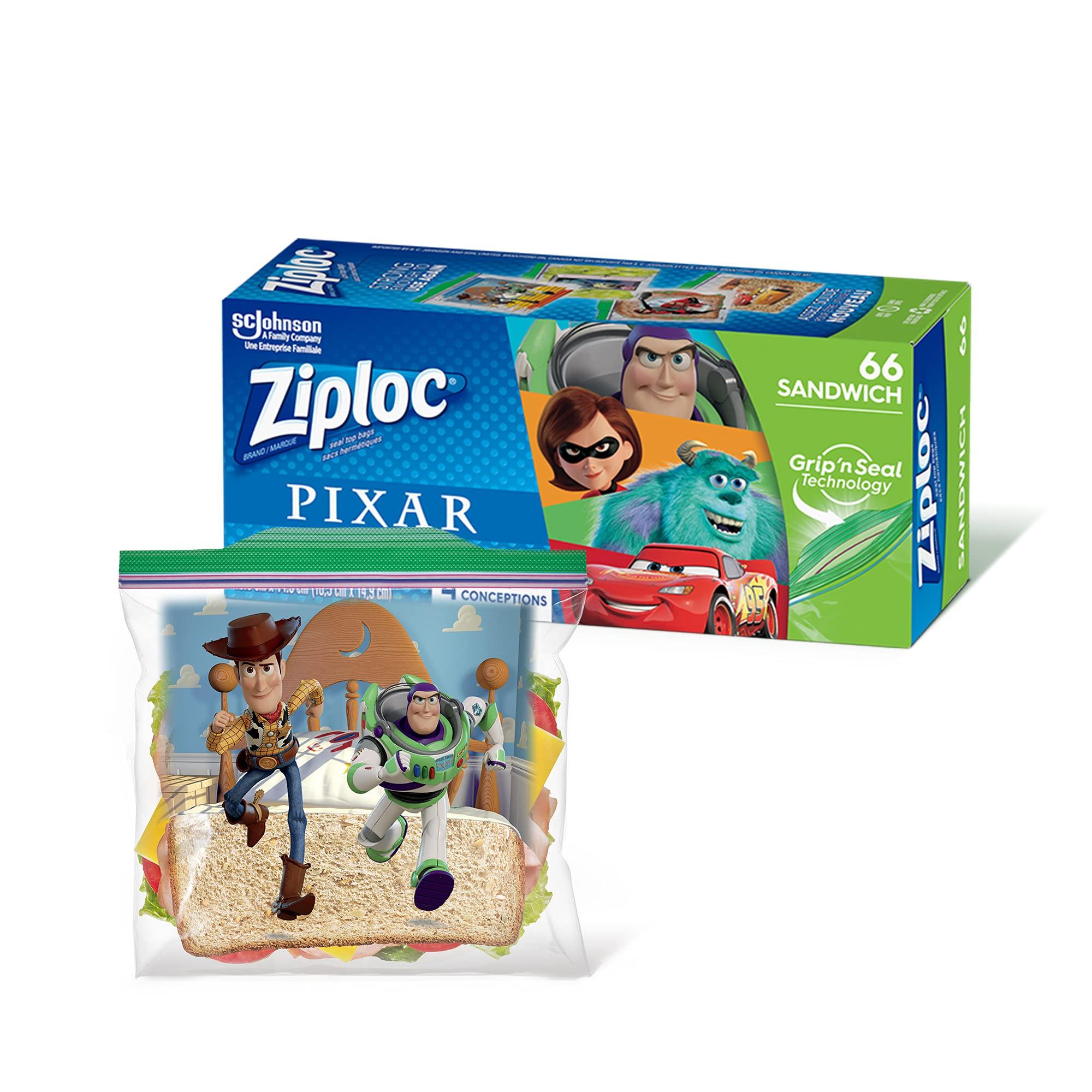 Ziploc Sandwich Bags with Pixar Designs, Plastic Storage Bags with Grip 'N Seal Technology, 66 Bags Total