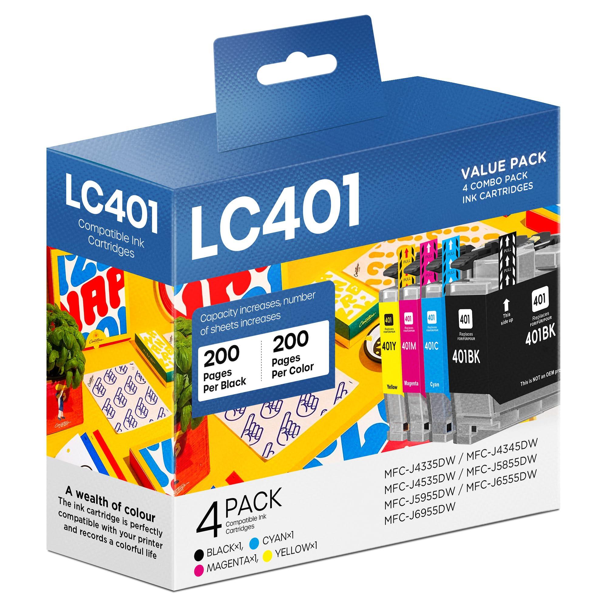 Timink LC401XL LC401 Compatible Ink Cartridges Replacement for Brother LC401XL LC 401 XL to use with MFC-J1010DW MFC-J1012DW MFC-J1170DW (Black Cyan Magenta Yellow, 4 Pack)