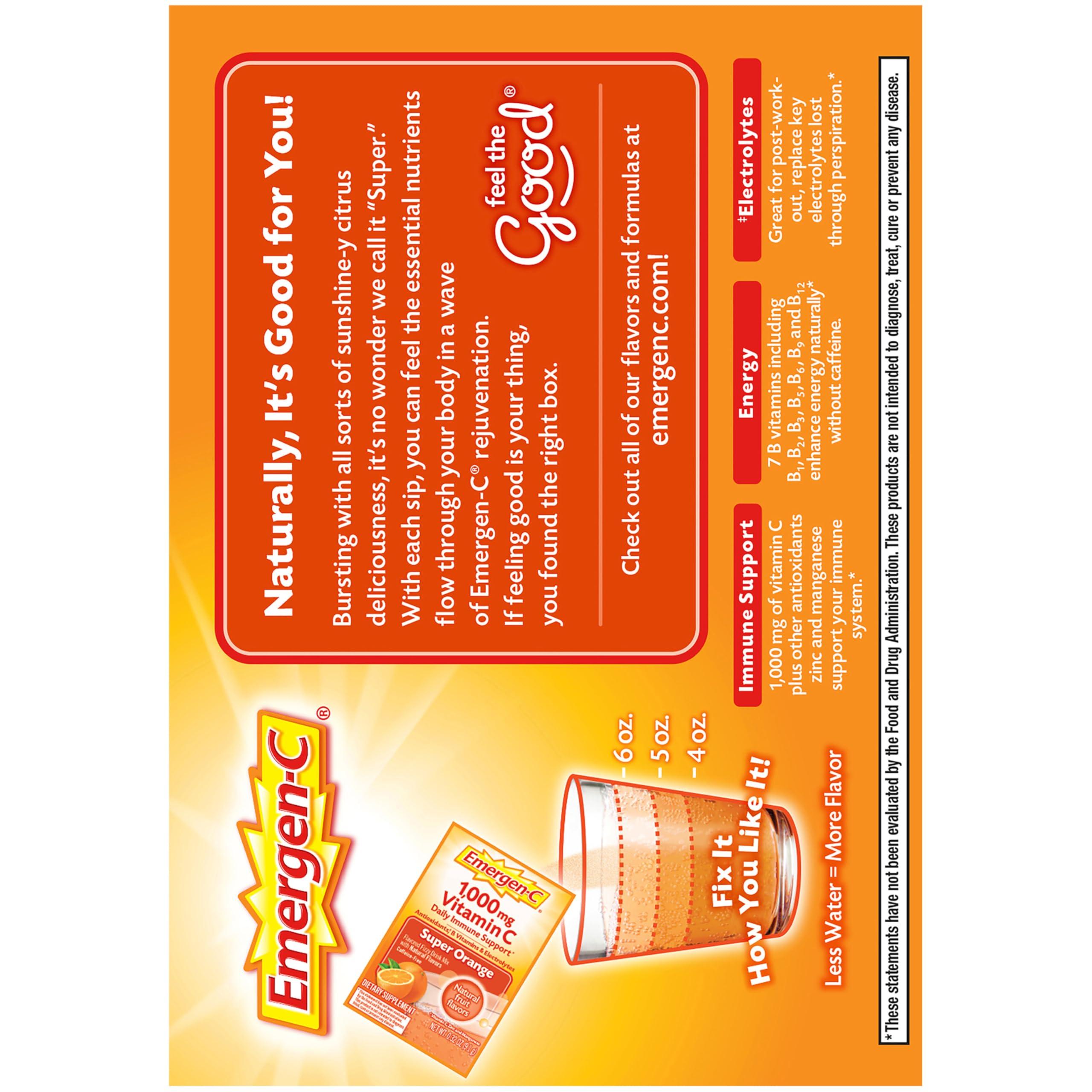 Emergen-C 1000mg Vitamin C Powder for Daily Immune Support Caffeine Free Vitamin C Supplements with Zinc and Manganese, B Vitamins and Electrolytes, Super Orange Flavor -60 Count(Pack of 1) - Image 9