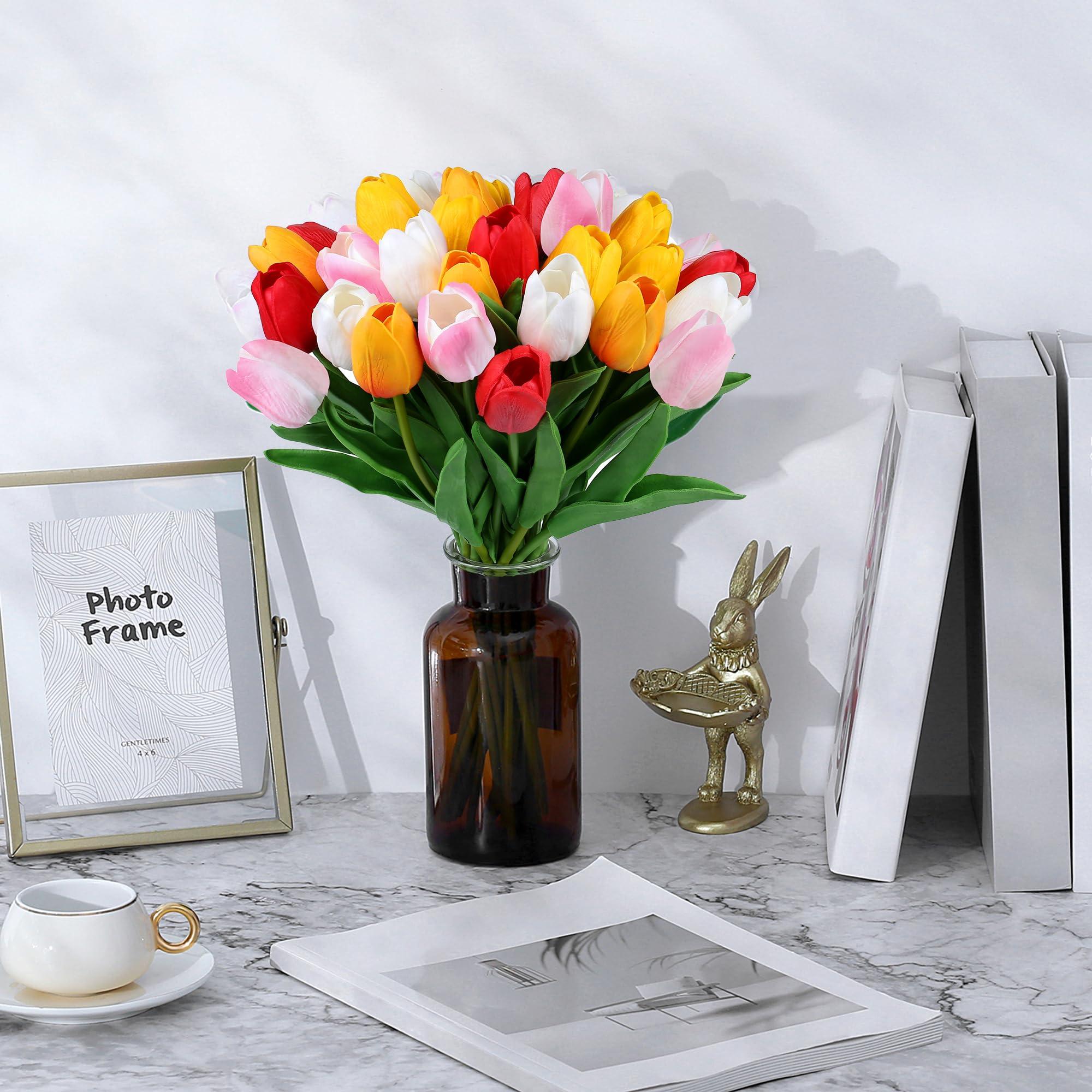 SITUMEIZI Fake Flowers Tulips Artificial Silk Flower 15pcs Real Touch 14" for Spring Easter Home Kitchen Wedding Bouquet Bulk Mother's Gift Day Decorations(Assorted Colors,5) - Image 2