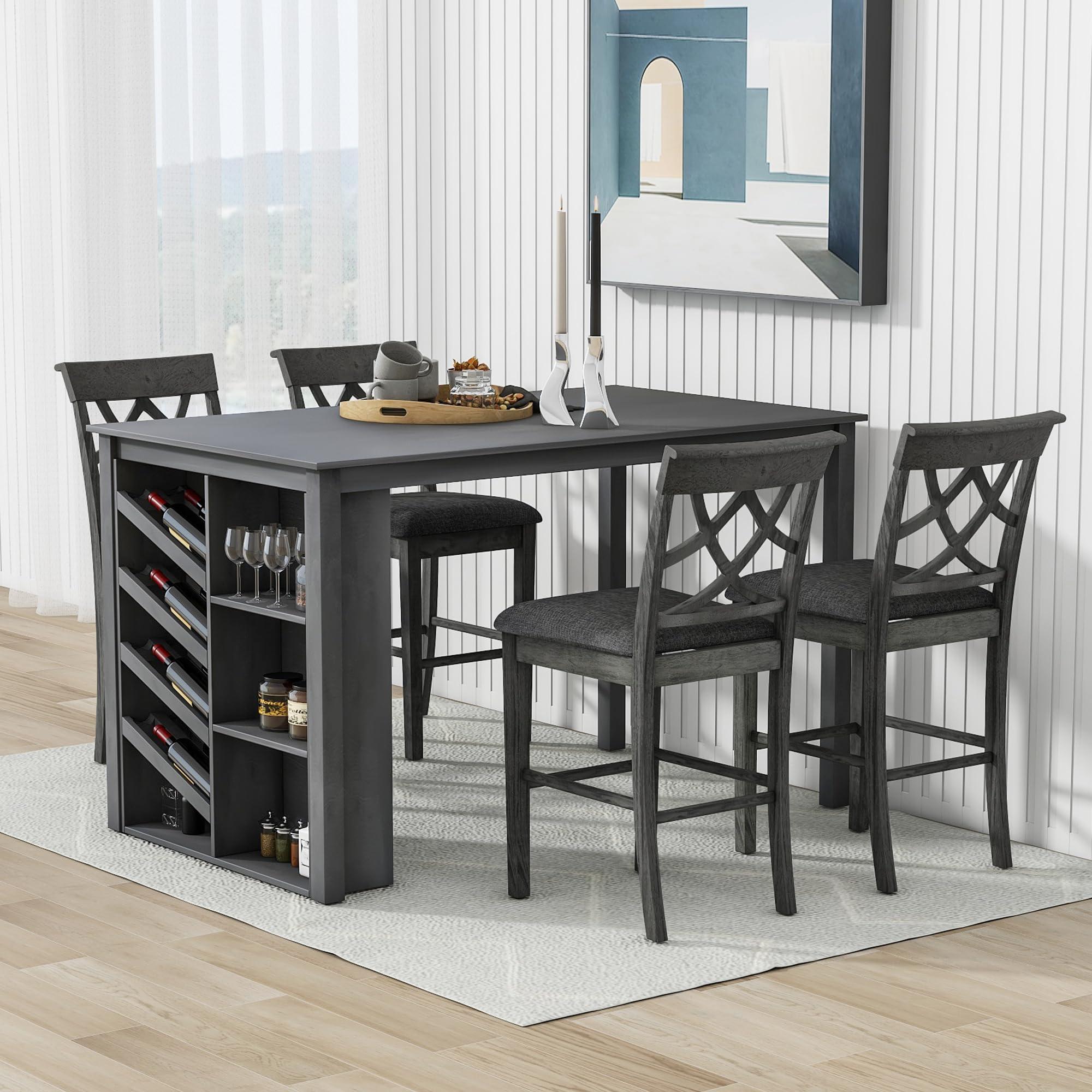 Merax 5 Piece Farmhouse Counter Height Dining Table Set with Wine Rack - Wood Table, 4 Upholstered Chairs for Kitchen Dining Room Grey - Image 4
