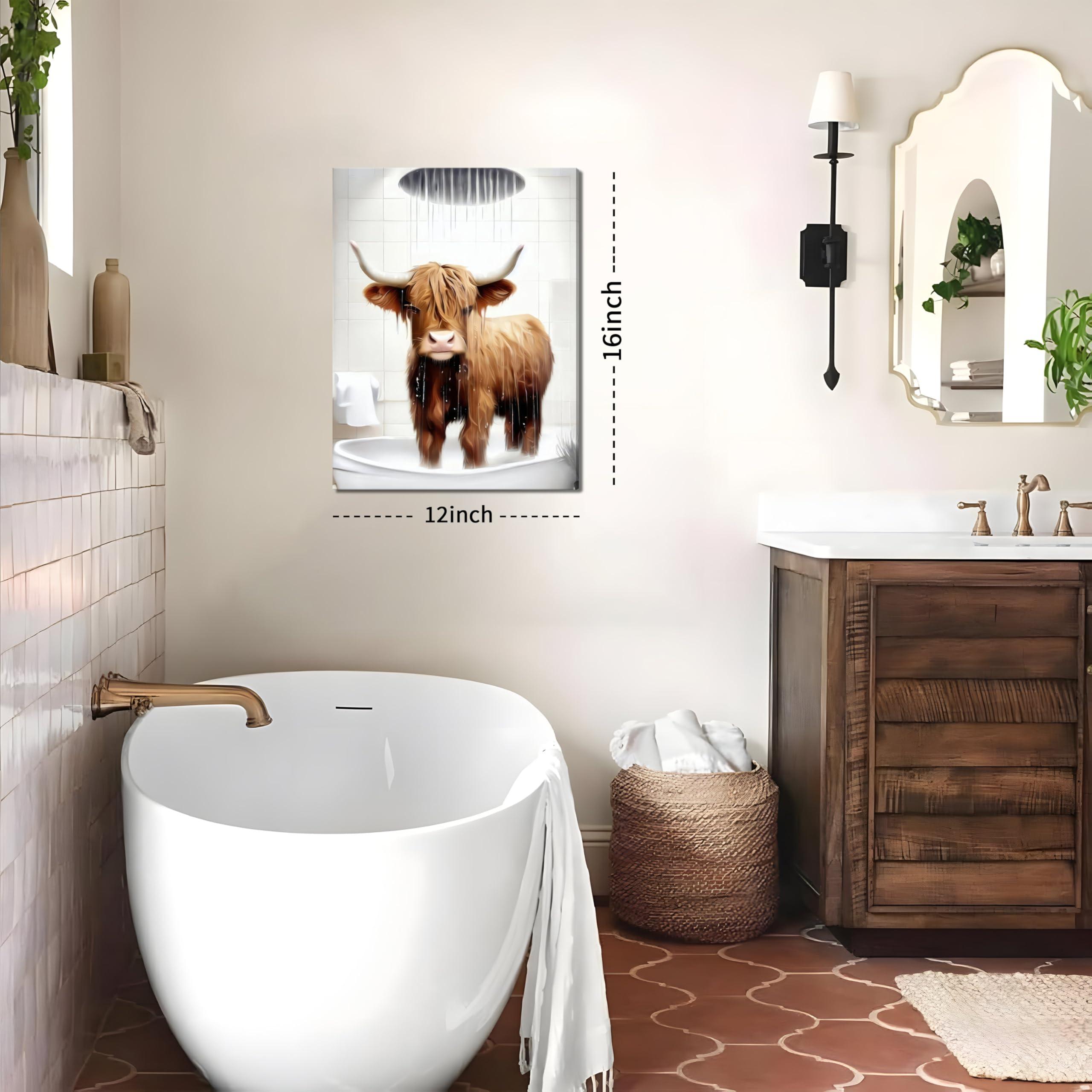 Funny Bathroom Highland Cow Wall Art, Brown Cute Cow Animal Canvas Posters Prints Set of 3, Vintage Rustic Farmhouse Home Pictures Wall Decor Painting for Bathroom Restroom Framed 12x16 Inch - Image 4