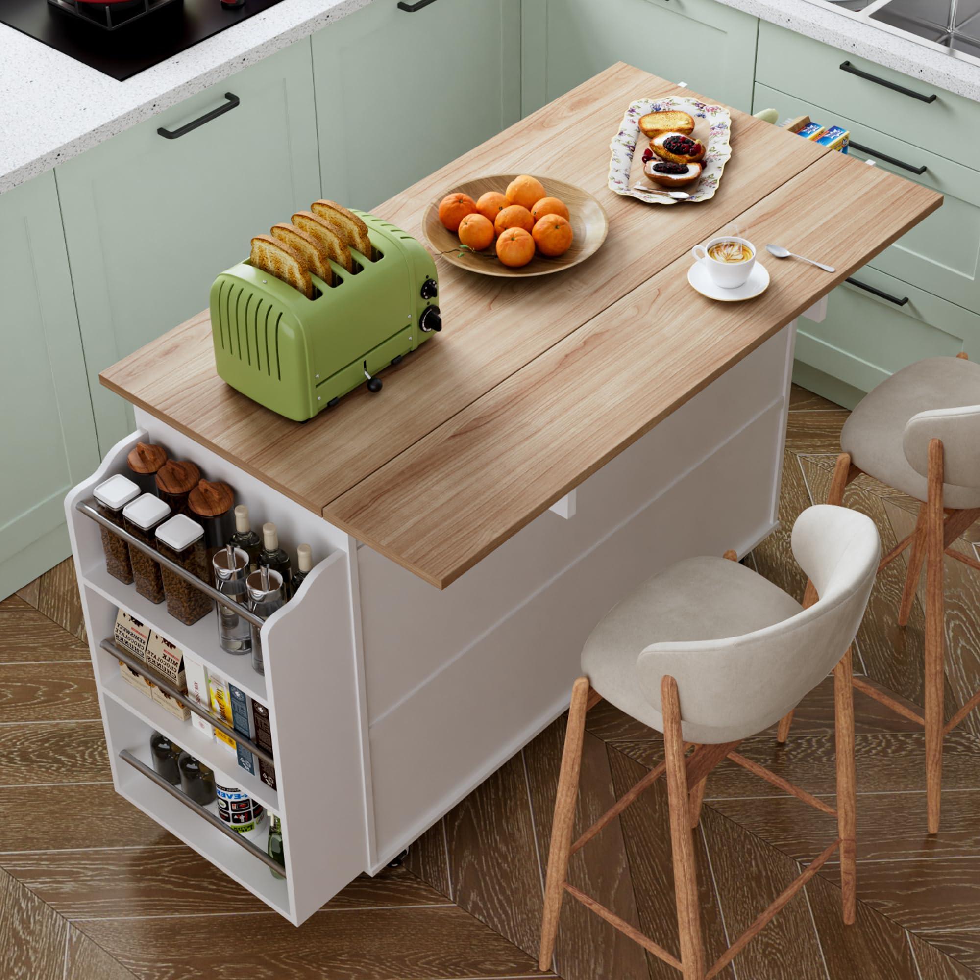 VALONDINO Kitchen Island On Wheels, Rolling Kitchen Island Cart with Drop Leaf, Storage Cabinet with 3 Drawers and Inner Adjustable Shelves, Towel Rack Spice Cart White - Image 3