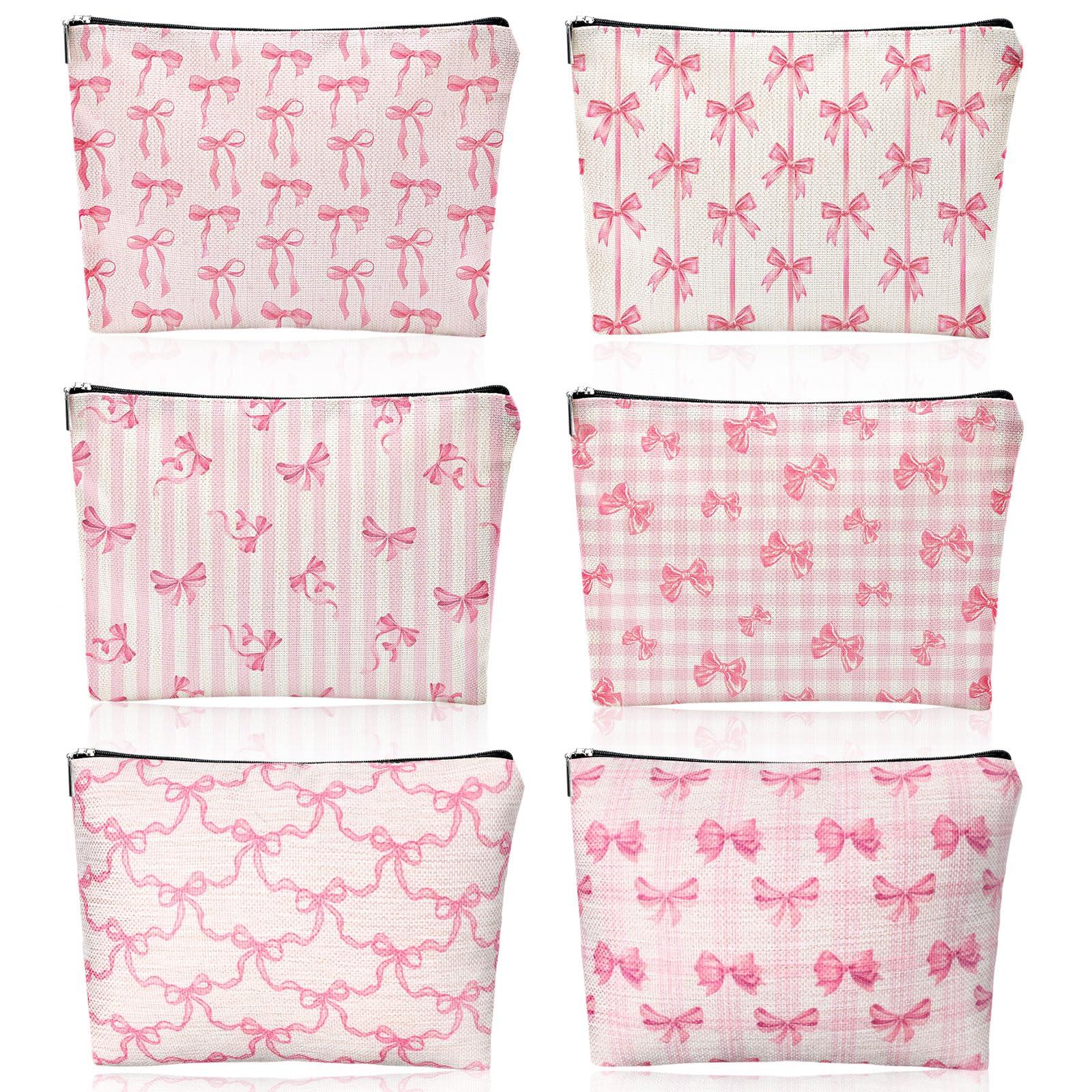 Kacctyen 6 Pack Pink Coquette Bow Makeup Bag Preppy Cosmetic Bags Zipper Pouch Travel Toiletry Bag Pink Trendy Pouch Bag Gift for Coquette Birthday Paty Favor Girls Travel Storage Accessories