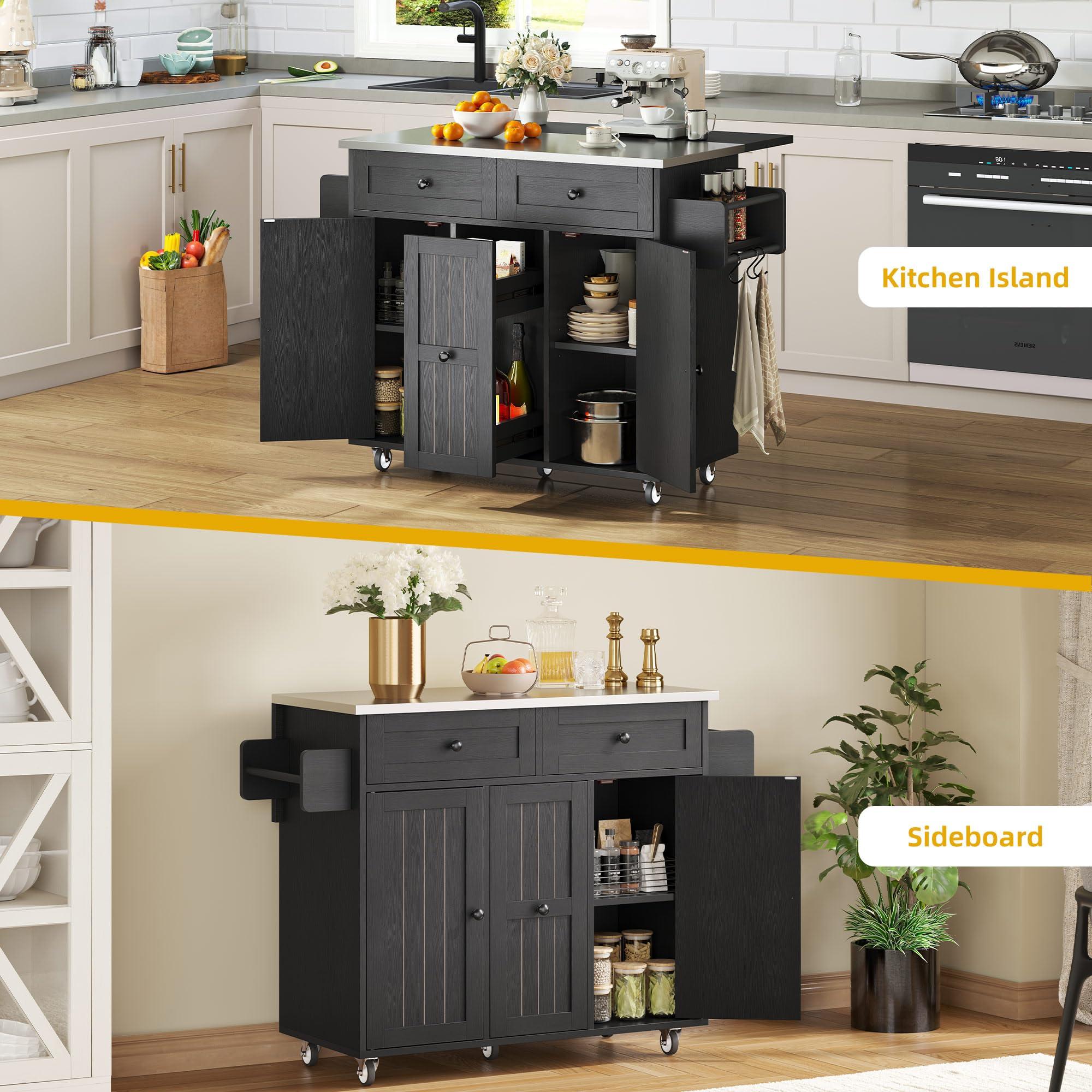 DWVO Kitchen Island on Wheels, Mobile Kitchen Island Cart with Folding Drop Leaf Breakfast Bar, Island Table for Kitchen with Large Storage Cabinets, Racks, Drawers and Adjustable Shelves, Black - Image 3
