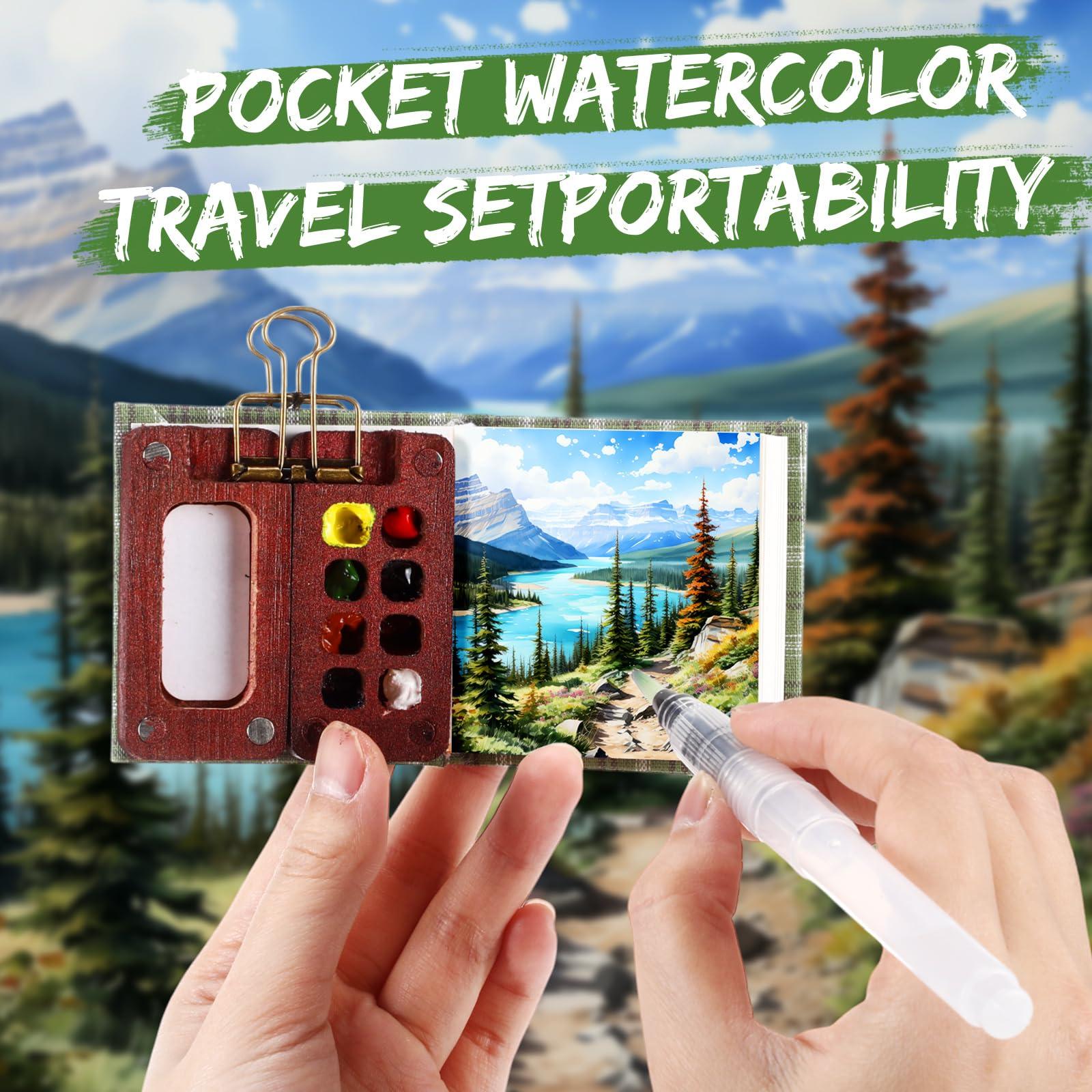 Chiisong Mini Watercolor Travel Set Pocket Artist Travel Set Portable Palette 8 Grids Wood Paint Box with Clip 2 Pcs Sketchbook 6 Pcs Watercolor Brush 12 Colors of Paint(Fresh Style) - Image 2