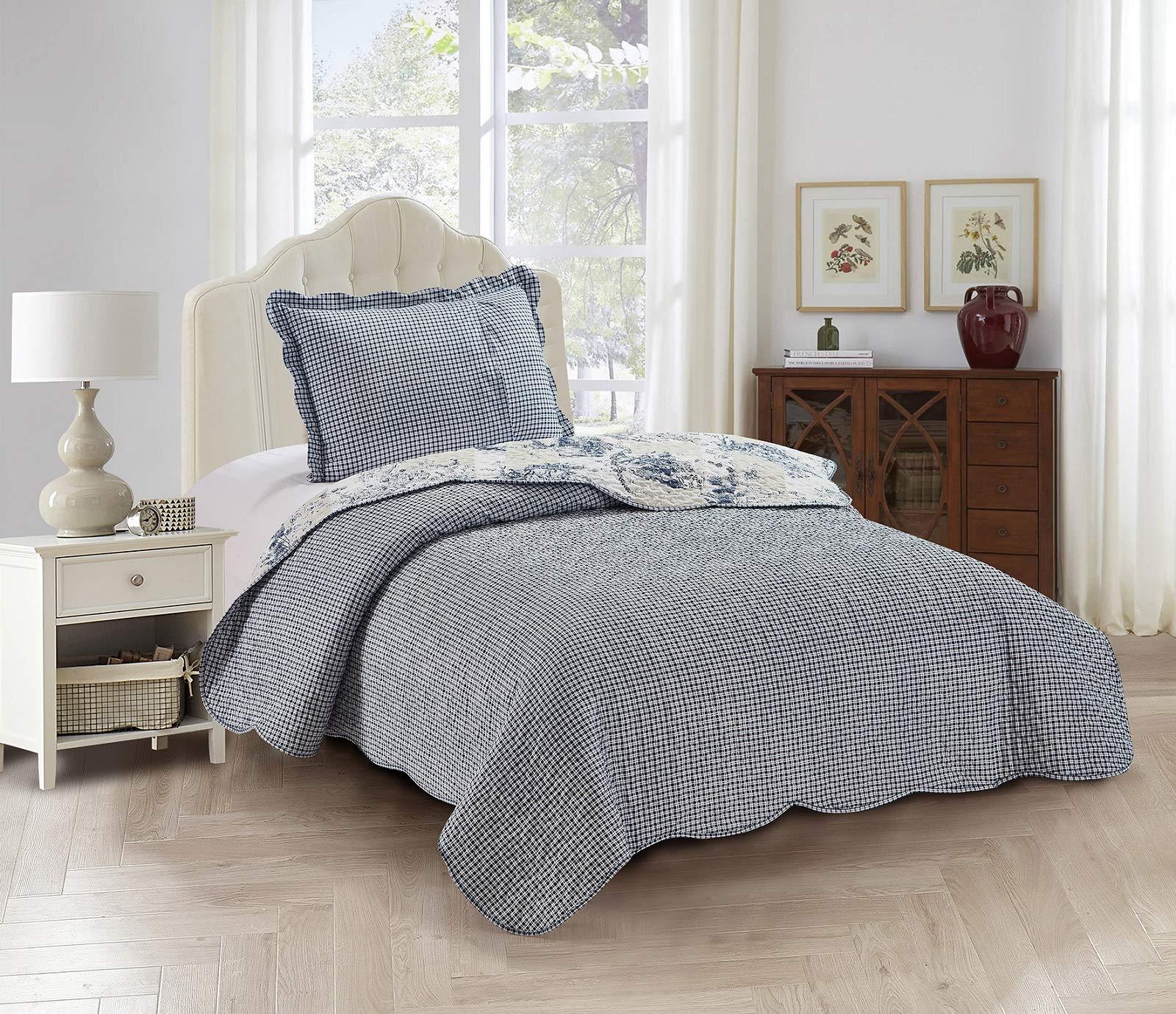 Brilliant Sunshine Blue Toile in Beige and Ivory Patches, 2-Piece Quilt Set with 1 Sham, Reversible Bedspread, Soft Lightweight Coverlet, All-Season, Twin, Blue - Image 2