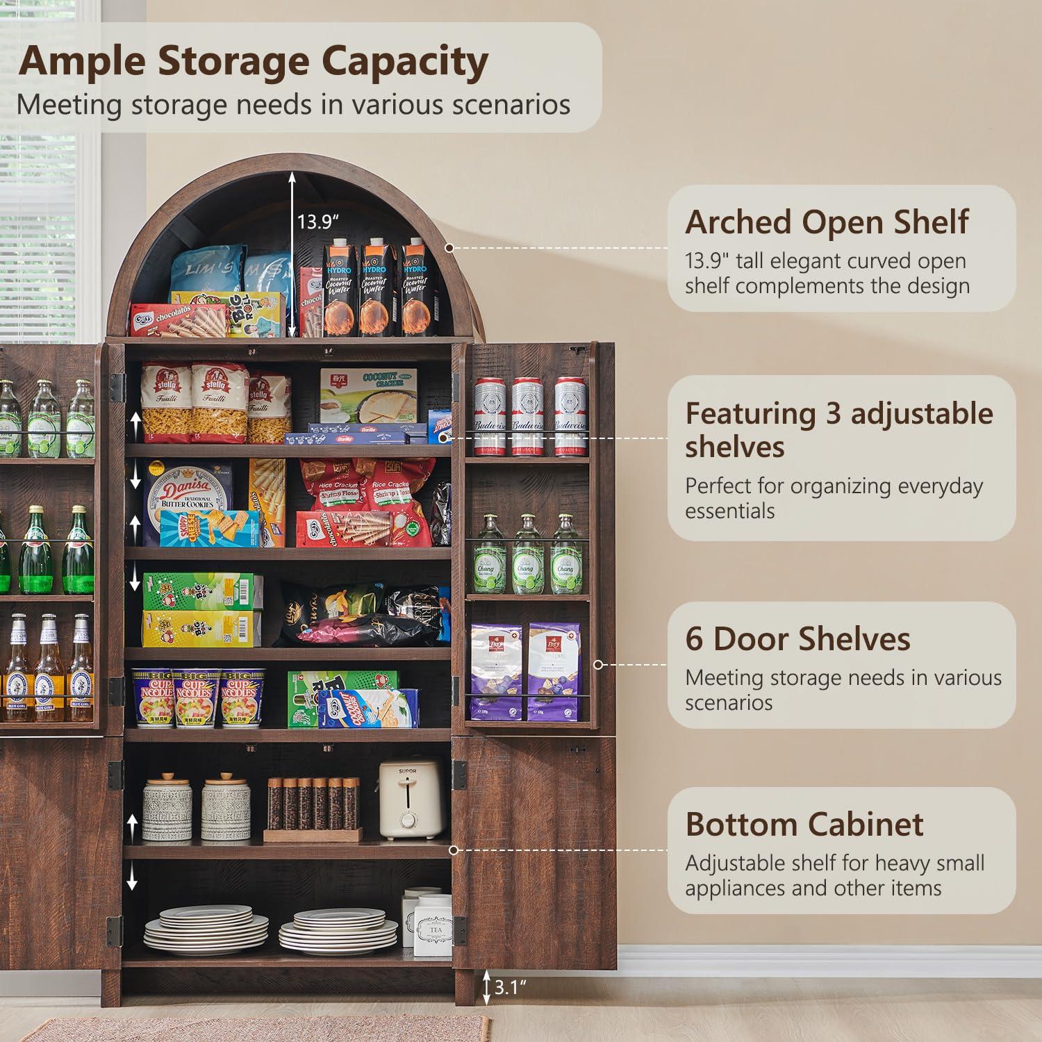 IFGET 71" Tall Arched Kitchen Pantry, Modern Fluted Wood Storage Cabinet with Doors, 3 Adjustable Shelves, 6 Door Shelves, Organizer, Versatile Cupboard for Kitchen, Bathroom, Brown - Image 4