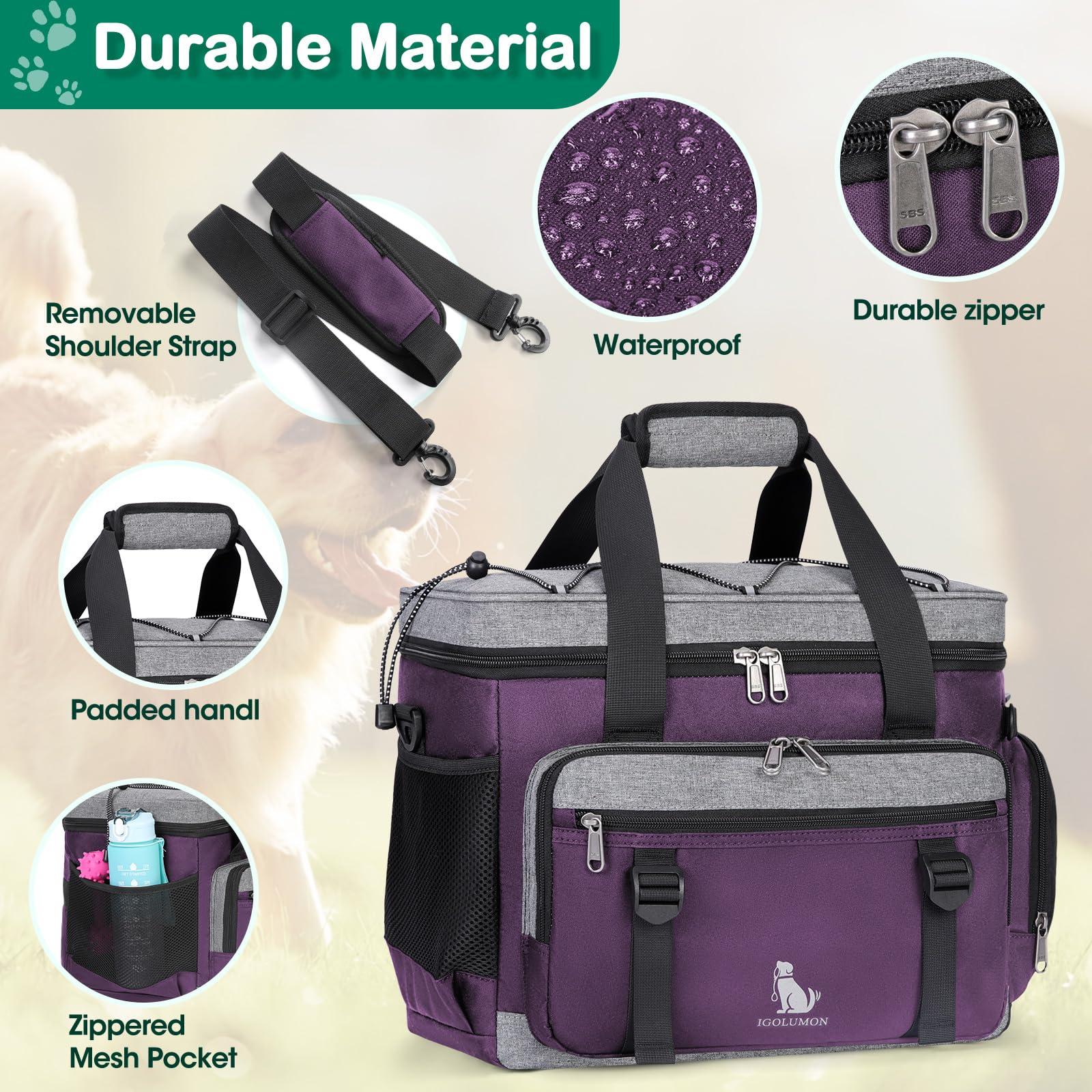 IGOLUMON Dog Travel Bag Large Pet Travel Bags Set for Supplies Weekend Dog Travel Kit Tote Organizer Multi-Pockets Dog Food Travel Bag with 2 Large Food Containers, 2 Dog Bowls, 1 Feeding Mat, Purple - Image 5