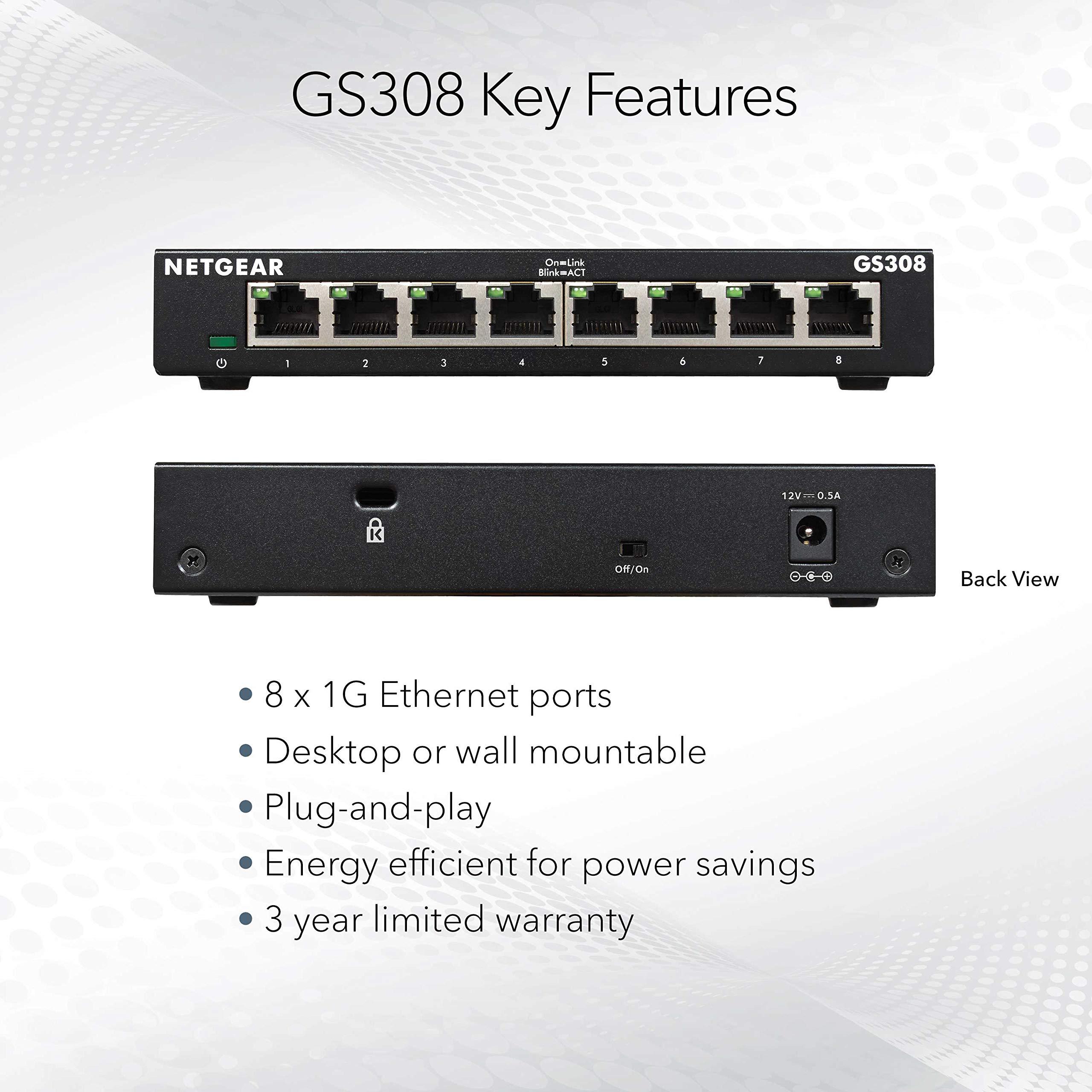 NETGEAR 8-Port Gigabit Ethernet Unmanaged Essentials Switch (GS308) - Home Network Hub, Office Ethernet Splitter, Plug-and-Play, Silent Operation, Desktop or Wall Mount - Image 5