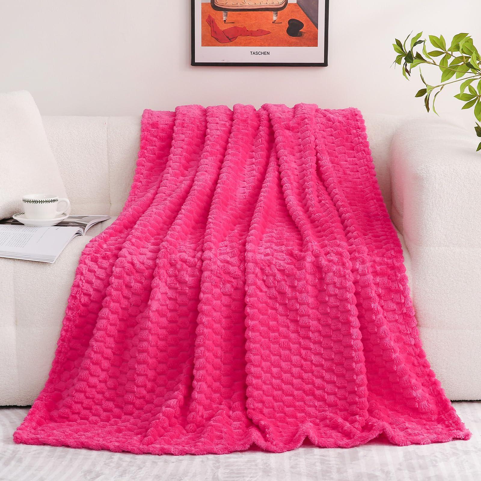 Puncuntex Hot Pink Throw Blanket 50"×60" inches Gifts for Mom Fuzzy 3D Jacquard Decorative Flannel Fleece Super Soft Plush Cozy Blanket for Couch Sofa Chair Lightweight - Image 3