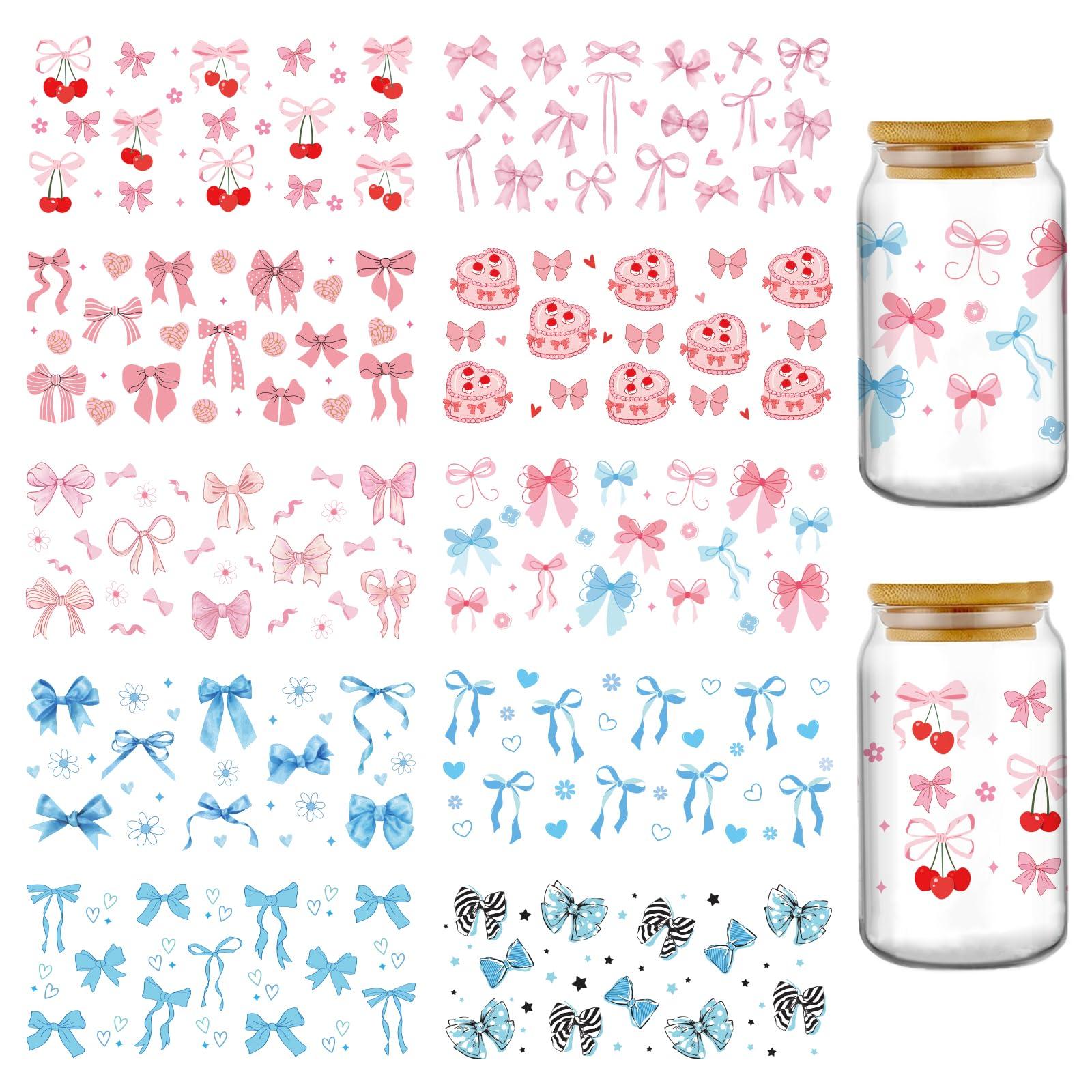 Bows UV DTF Cup Wraps - 10 Sheets Pink Coquettte Bow Uvdtf Tumbler Wrap for 16 oz Glass, Cute Butterfly Cherry Waterproof Transfer Sticker DIY Water Bottle Craft Decor Holiday Gifts for Girlfriend