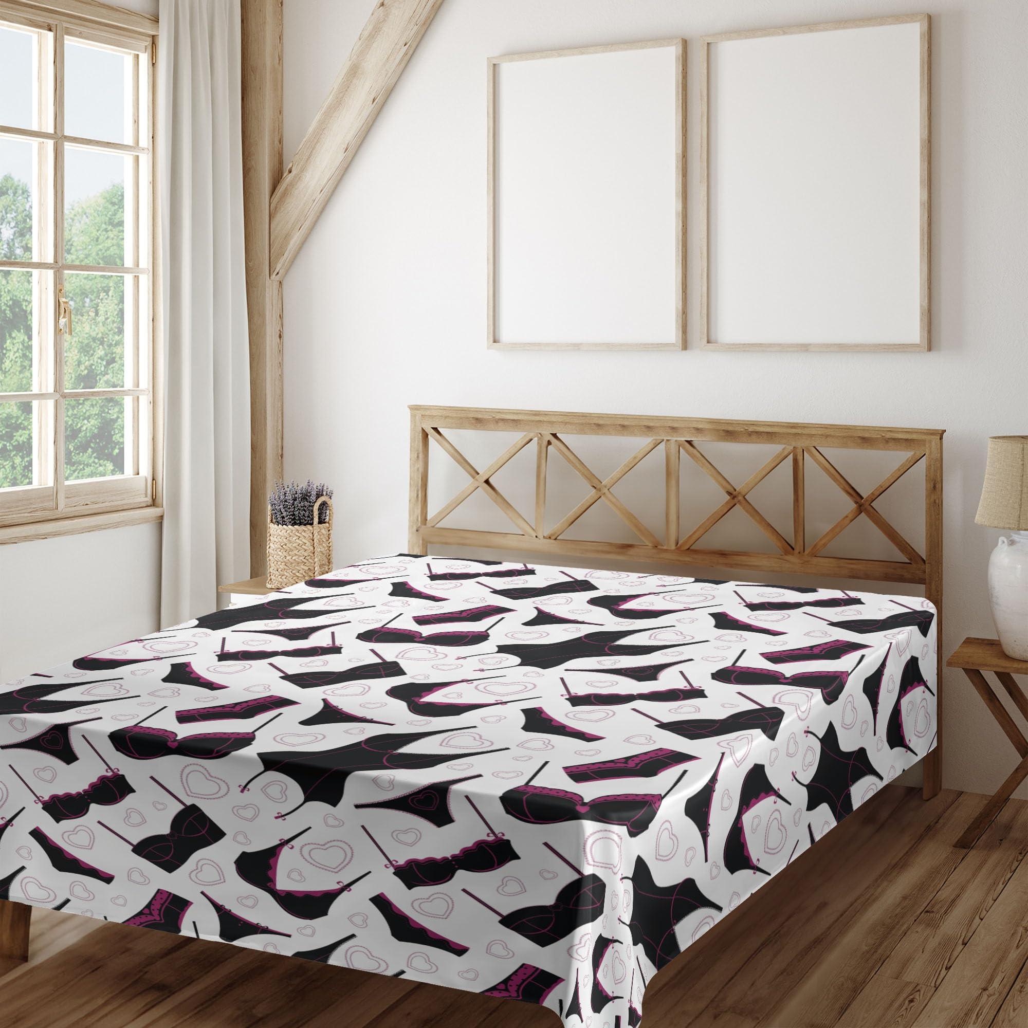 Ambesonne Retro Flat Sheet, Lingerie Pattern Brassiere and Panties with Hearts Women`s Fashion Underwear, Soft Comfortable Top Sheet Decorative Bedding 1 Piece, California King, Black Fuchsia White - Image 2