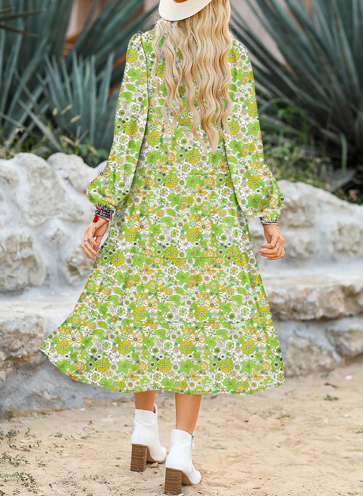 Dokotoo Women's Casual Loose Bohemian Floral Dresses 2025 Long Puff Sleeve V Neck Ruffle A Line Flowy Summer Beach Dress - Image 2