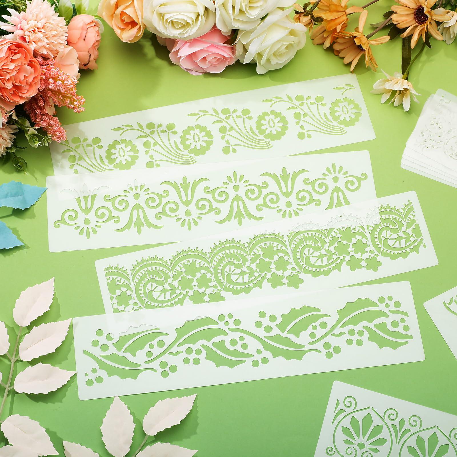 Ctosree 16 Pcs Flower Border Stencil Flower Stencil Template Reusable DIY Art and Craft Cake Decorating Templates Floral Edge Baking Tool for Crafts Painting on Wood, Canvas Paper, Fabric, 3 x 12 Inch - Image 4