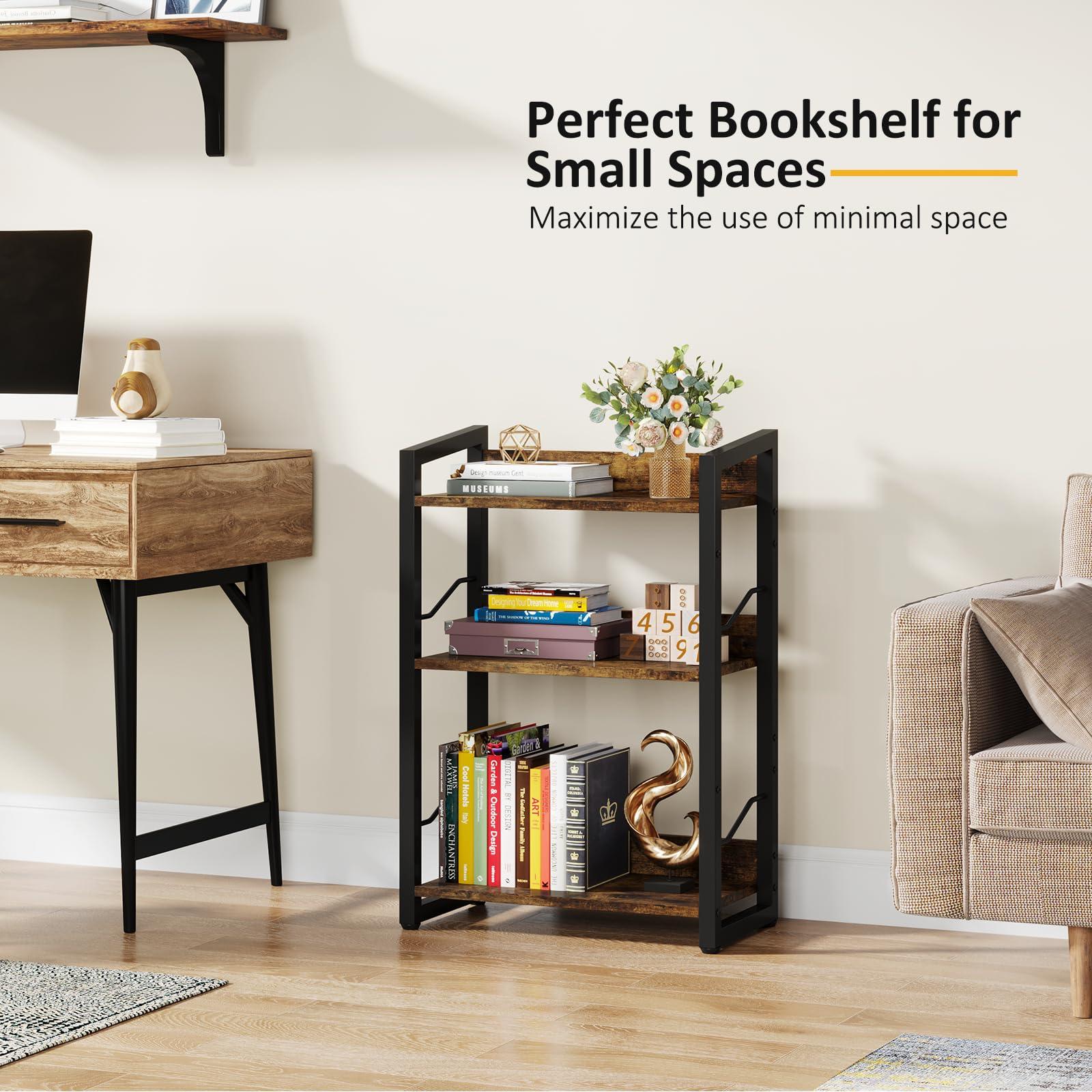 Hosfais Book Shelf Small Bookshelf: 3-Tier Wood Bookcase Industrial Bookshelf with Edge Protection Metal Narrow Bookcase Storage Organizer Display Rack for Bedroom Home Office (Rustic Brown) - Image 4